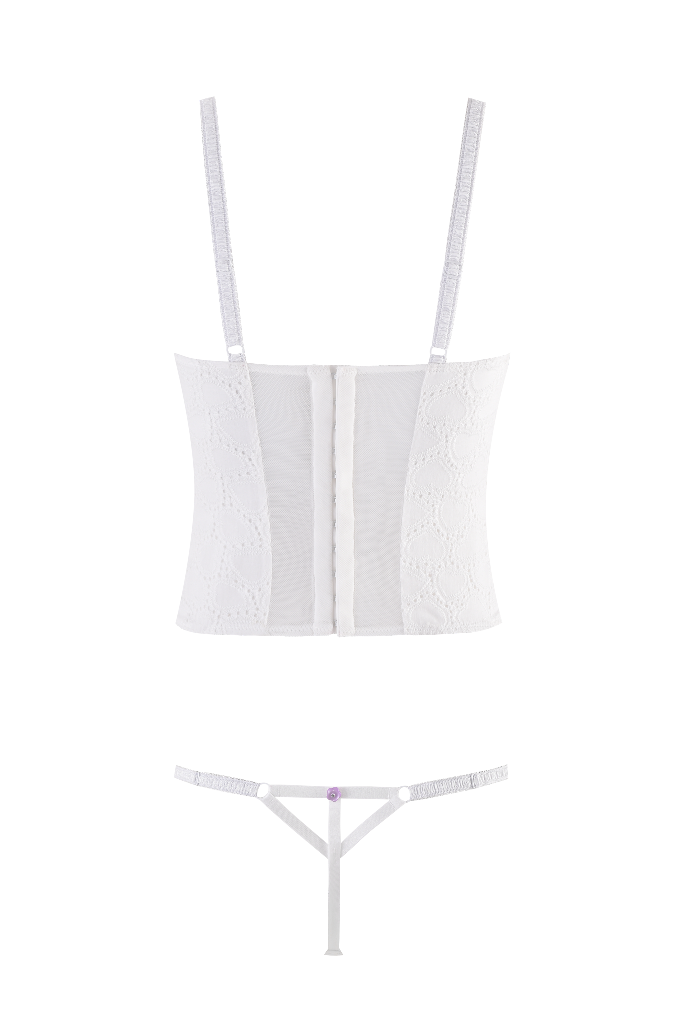 The I.AM.GIA ELLA BUSTIER SET in white features a strapless lace bustier top with floral tulle details and a matching thong finished with a small purple bow at the center.