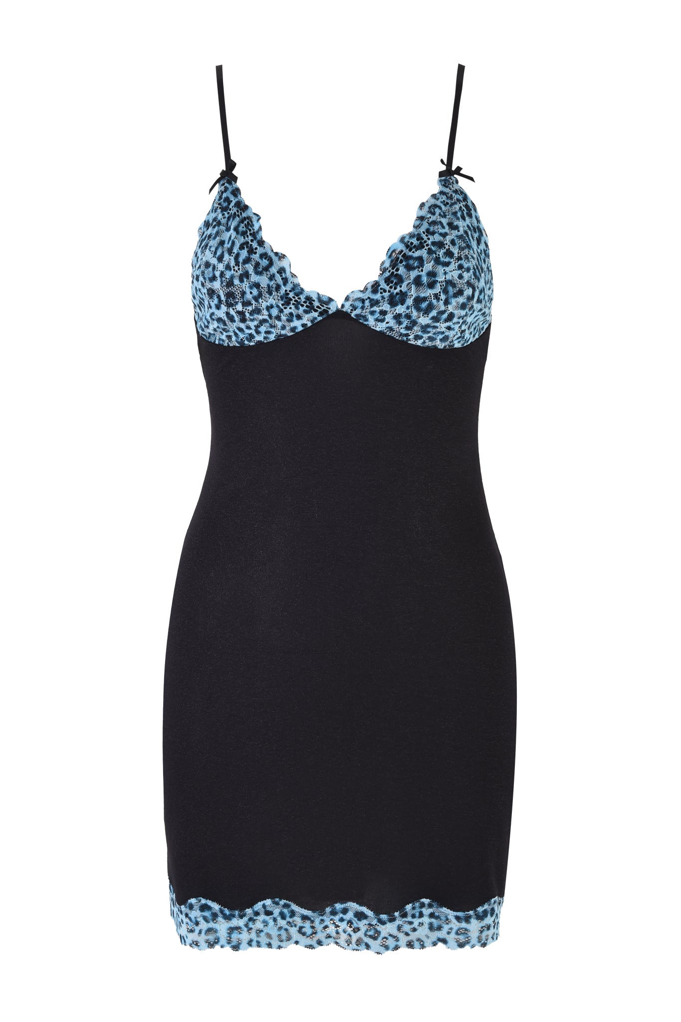 The SAHARA SLIP DRESS - BLACK by I.AM.GIA features a fitted silhouette, V-neckline, and thin straps. Teal leopard lace trim accents the neckline and hem, giving this vintage-inspired slip dress a chic, sleeveless look.