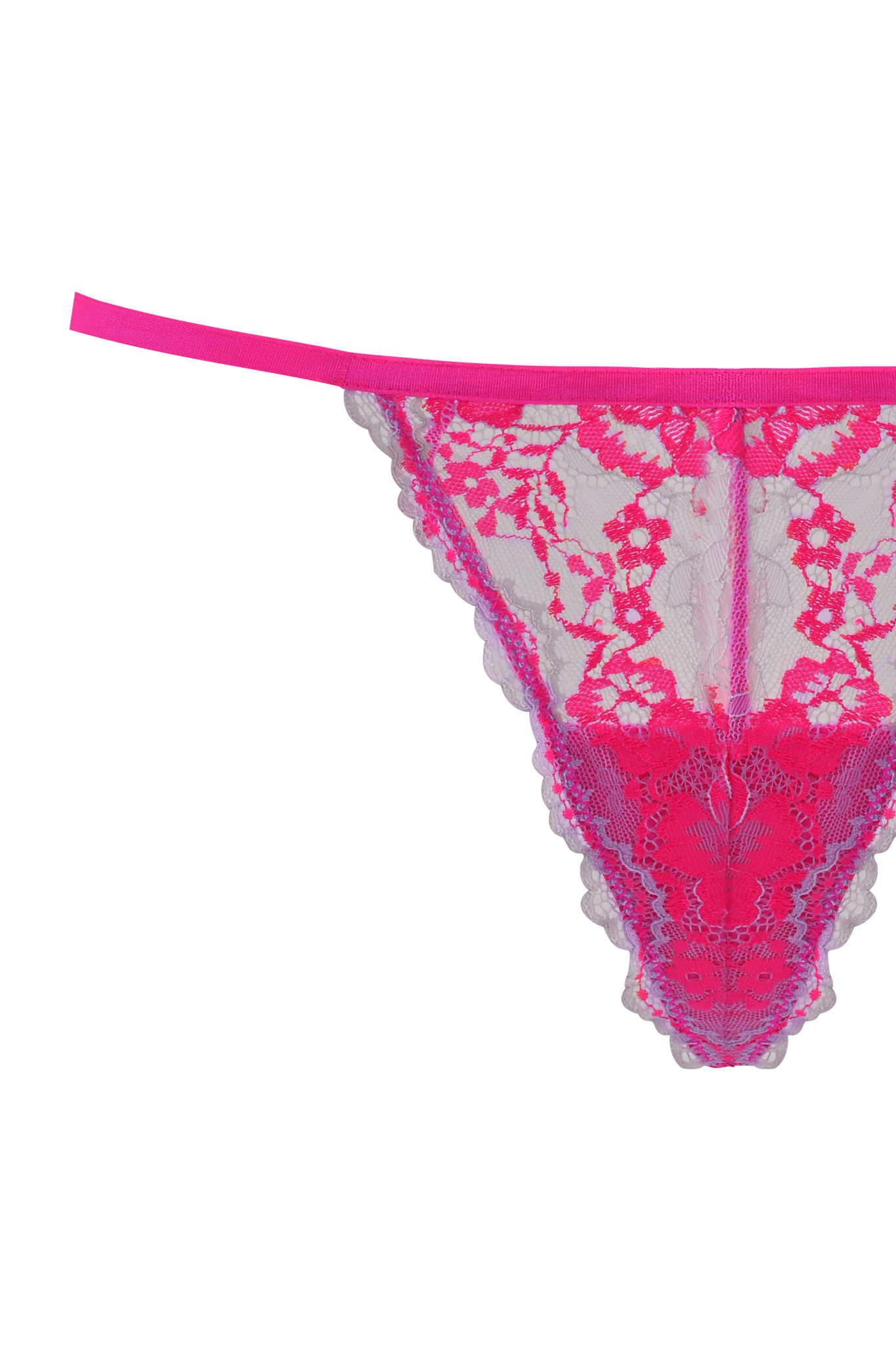 A close-up of the I.AM.GIA AMAYA CAMI SET in neon pink, featuring vibrant floral lace patterns, displayed against a plain background.