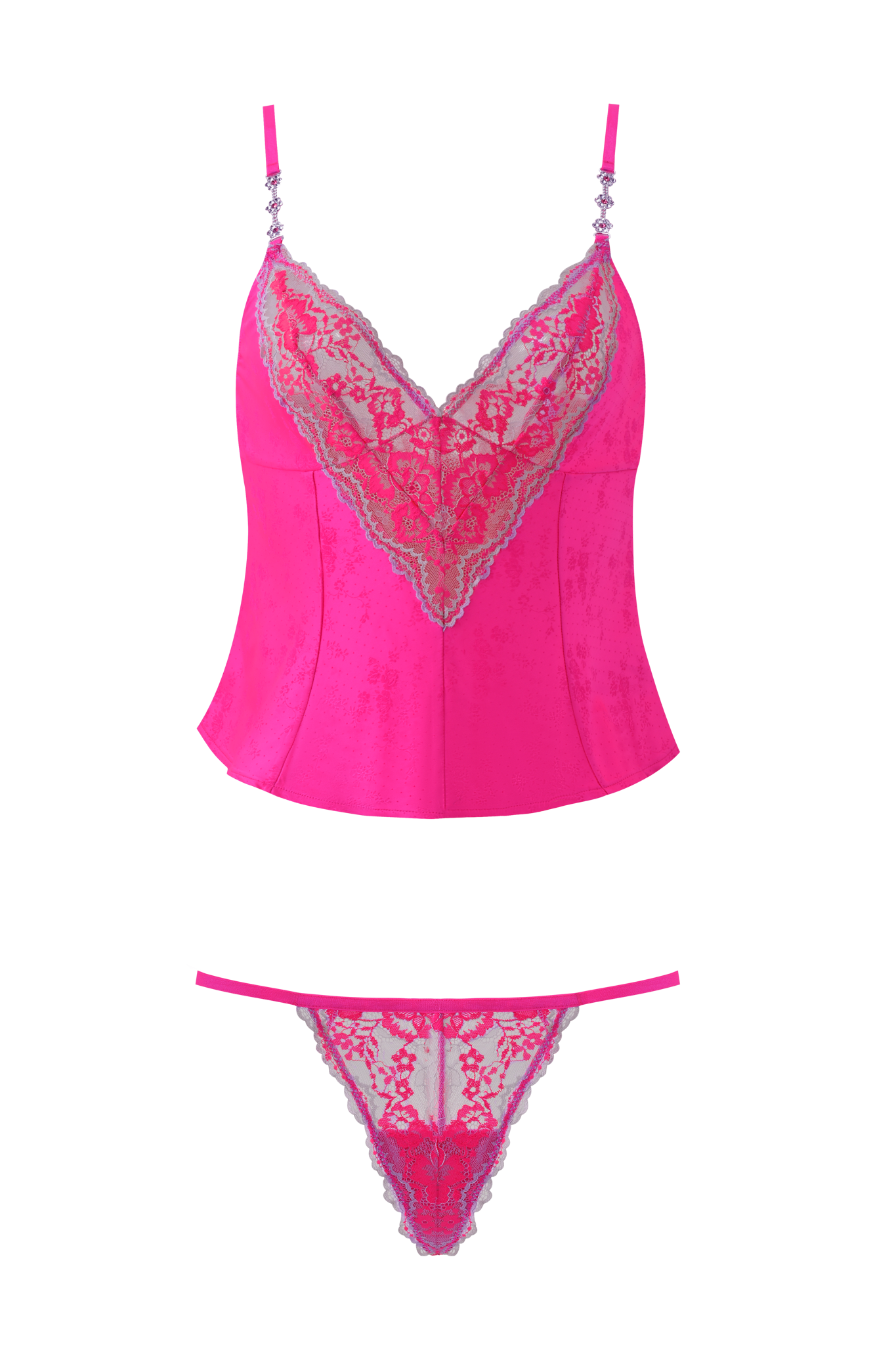 The AMAYA CAMI SET - NEON PINK by I.AM.GIA features a sleeveless, deep V-neck lace camisole with adjustable straps and lace trim, paired with matching neon pink floral lace panties.