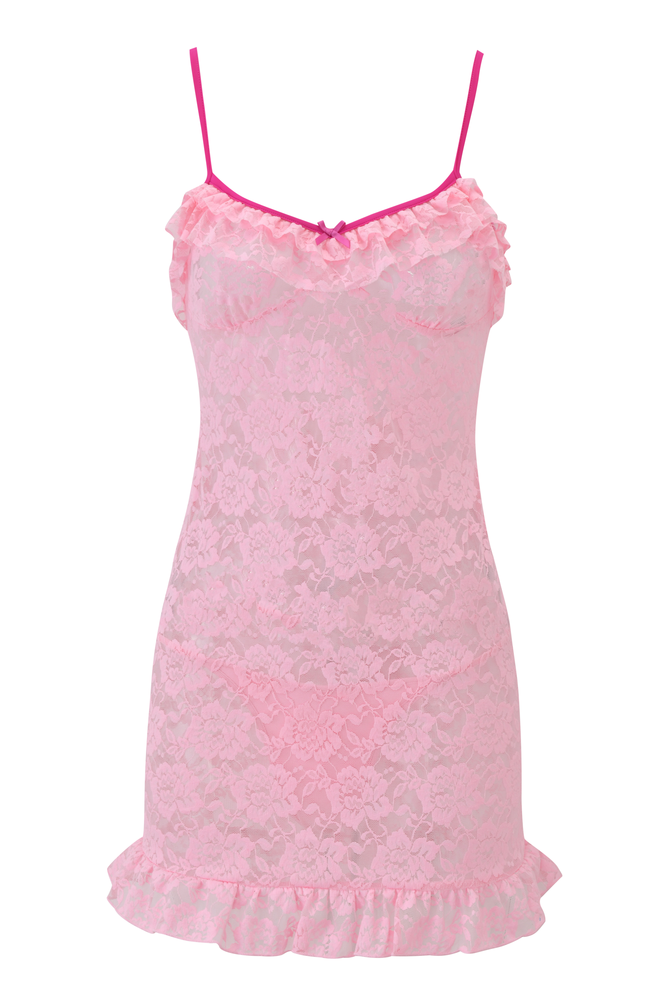 The DOTTIE SLIP DRESS - PINK by I.AM.GIA is a sheer baby pink slip dress with thin spaghetti straps, ruffled trim on the neckline and hem, and features an allover delicate floral lace pattern.