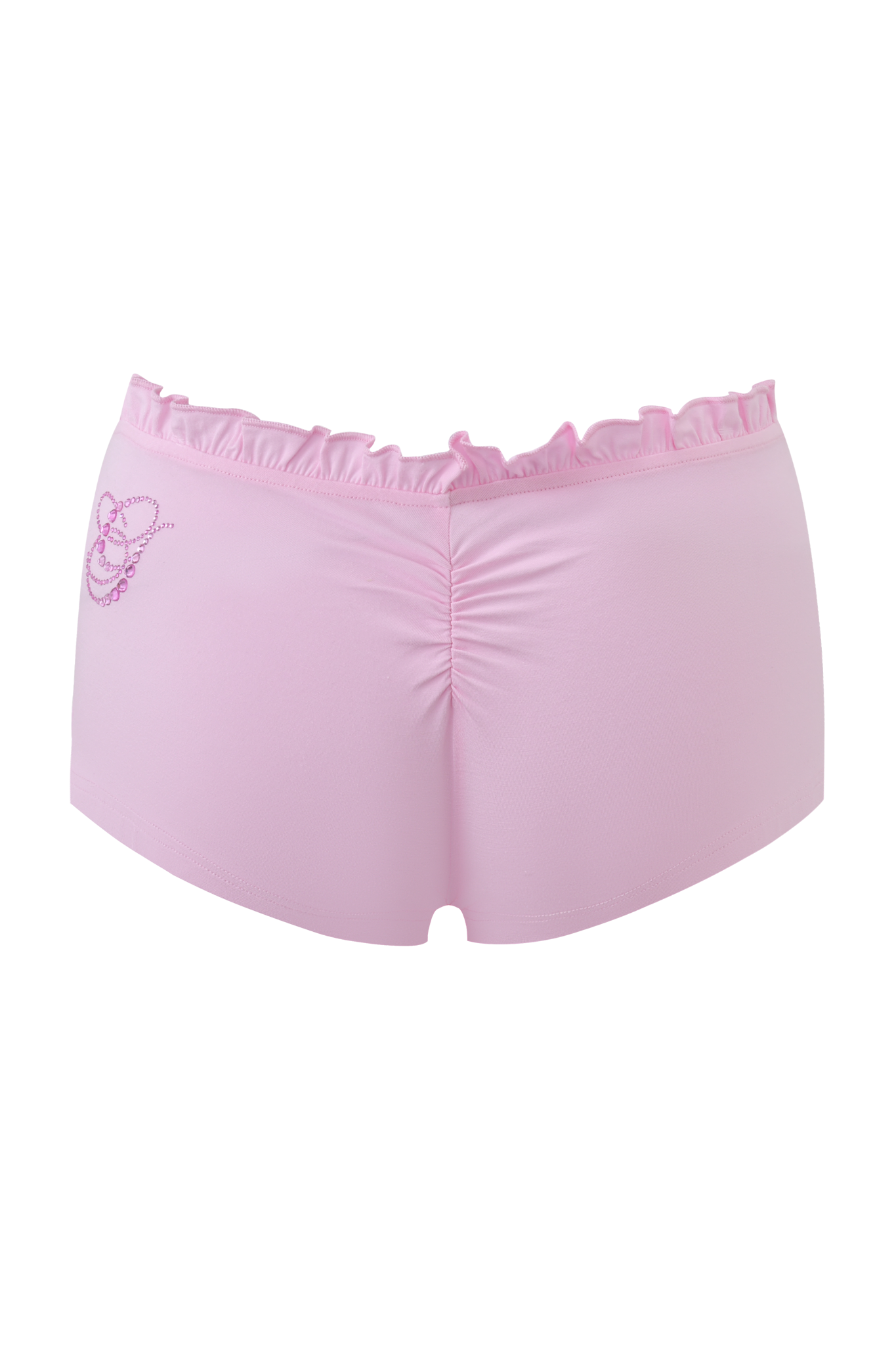 The MELANIE SHORT - PINK by I.AM.GIA is crafted from smooth, semi-sheer bamboo jersey. These women's shorts feature a ruffled waistband, subtle ruching at the back, and a small butterfly detail on the left side.
