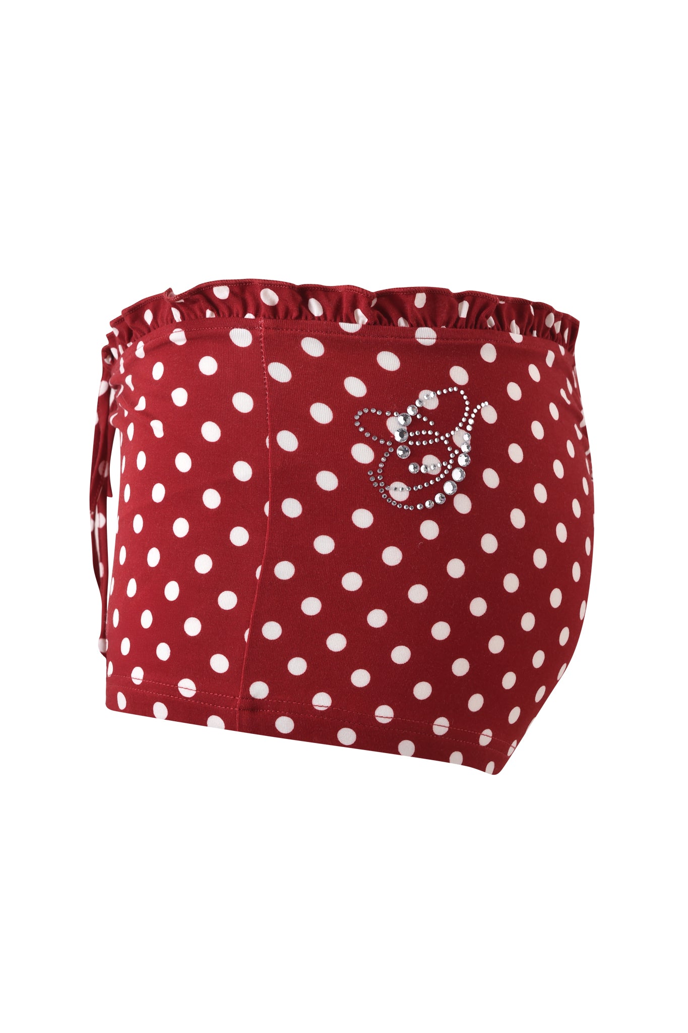 The I.AM.GIA MELANIE SHORT - RED POLKA DOT is a high-waisted red swimsuit bottom with white polka dots, a ruffled waistband inspired by mini ruffle shorts, and a side rhinestone bow embellishment.