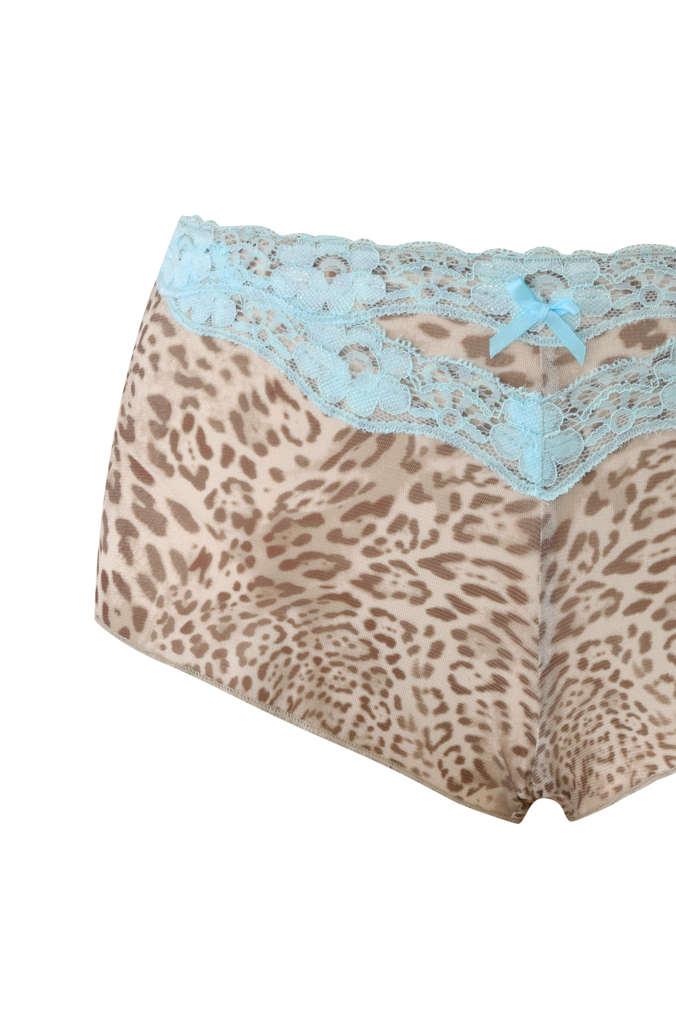 The I.AM.GIA TASHA SHORT - LEOPARD LIMBO is a micro mini short with a brown leopard print, light blue lace trim, and a small blue bow on the waistband.