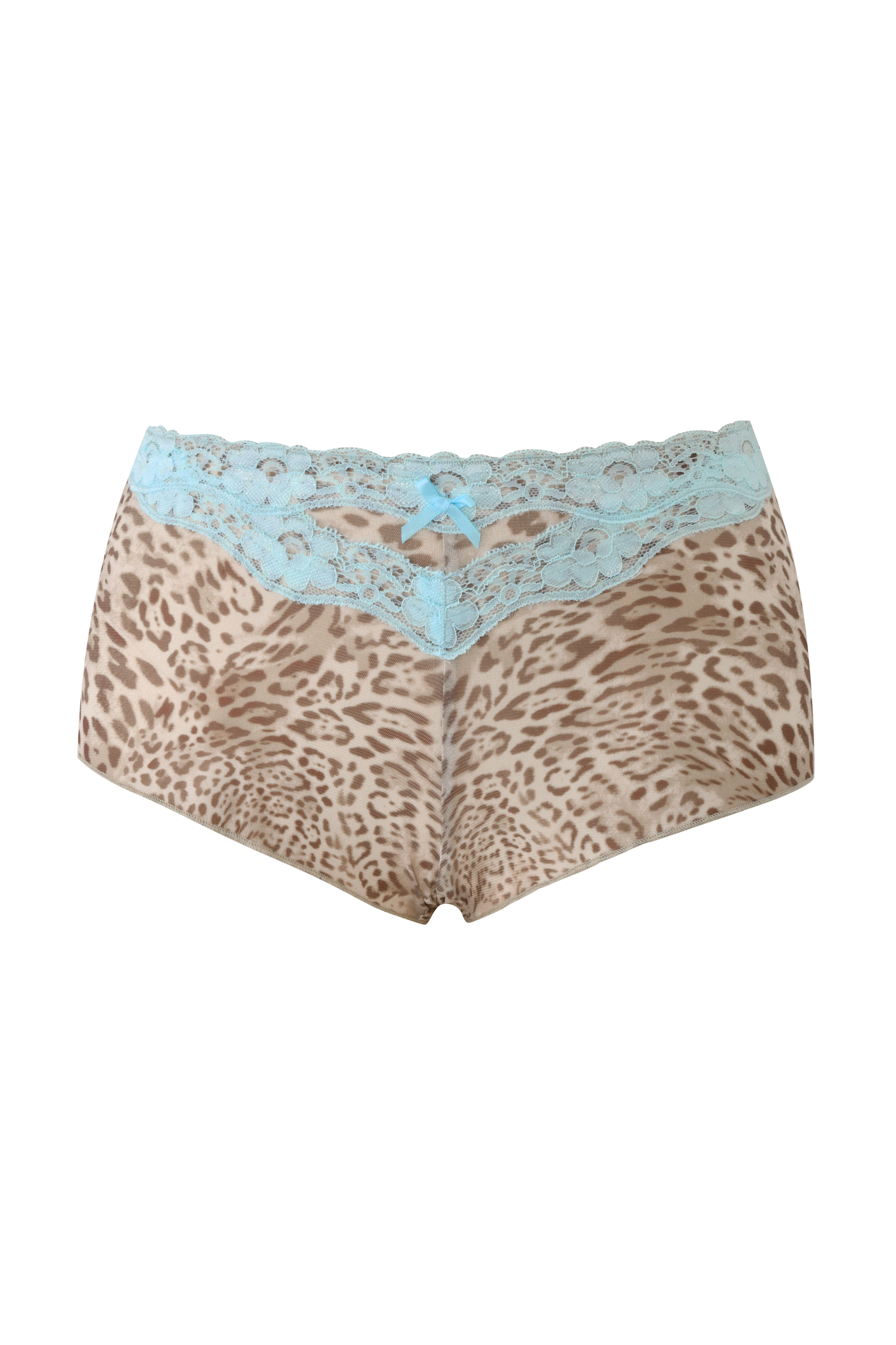 The TASHA SHORT - LEOPARD LIMBO by I.AM.GIA are micro mini leopard print shorts, finished with a light blue lace waistband trim and a decorative blue bow at the center.
