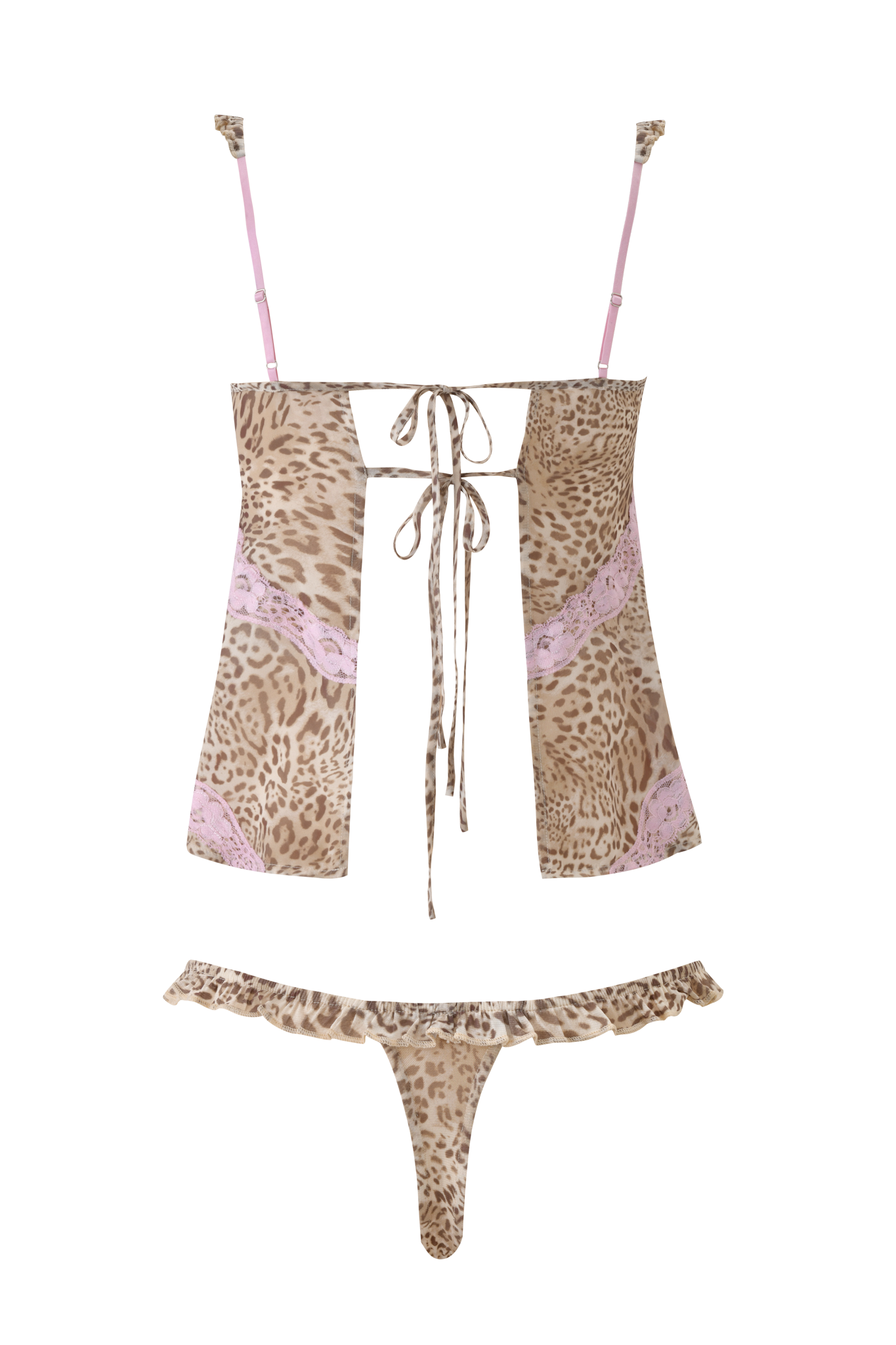 The MAXINE CAMI SET - LEOPARD LIMBO by I.AM.GIA features a flowy leopard print cami with light pink lace trims, thin straps, a tie-front detail, and matching thong underwear.