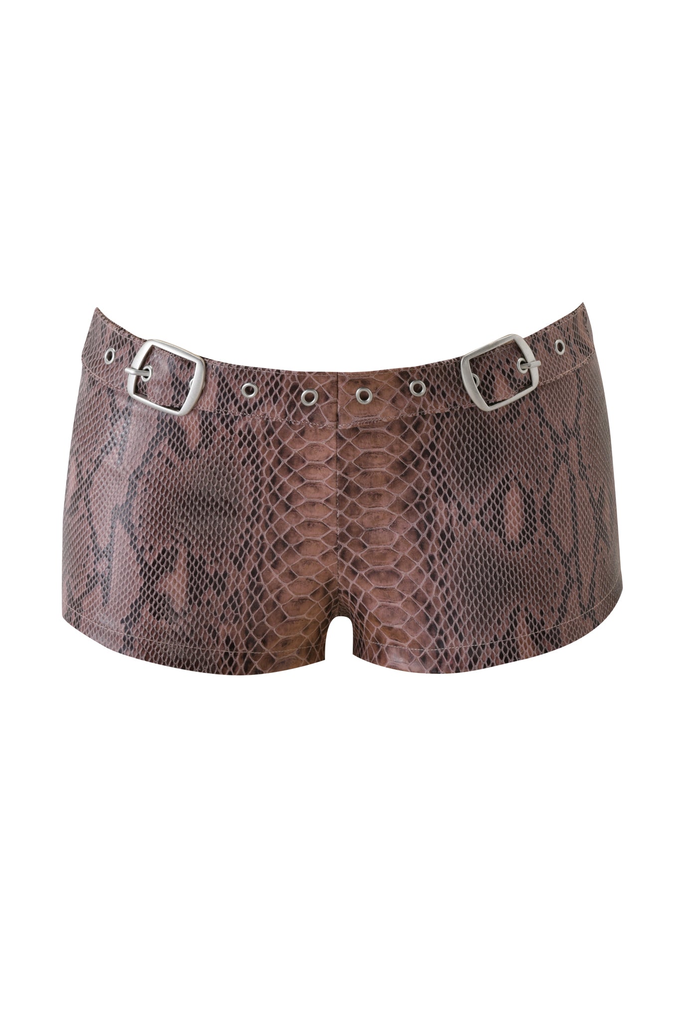 The I.AM.GIA CINNA SHORT - SNAKESKIN features brown faux snakeskin, a low-rise waist, silver eyelets, and dual buckle details at the waistband, shown on a white background.