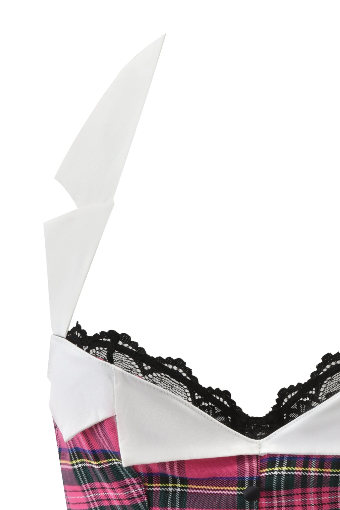 Close-up of the KITTEN CORSET - PINK PLAID by I.AM.GIA, a pink plaid halter top with black lace trim, a white angular collar, and a built-in underwire bra for support. Vibrant pattern and modern details complete the look.