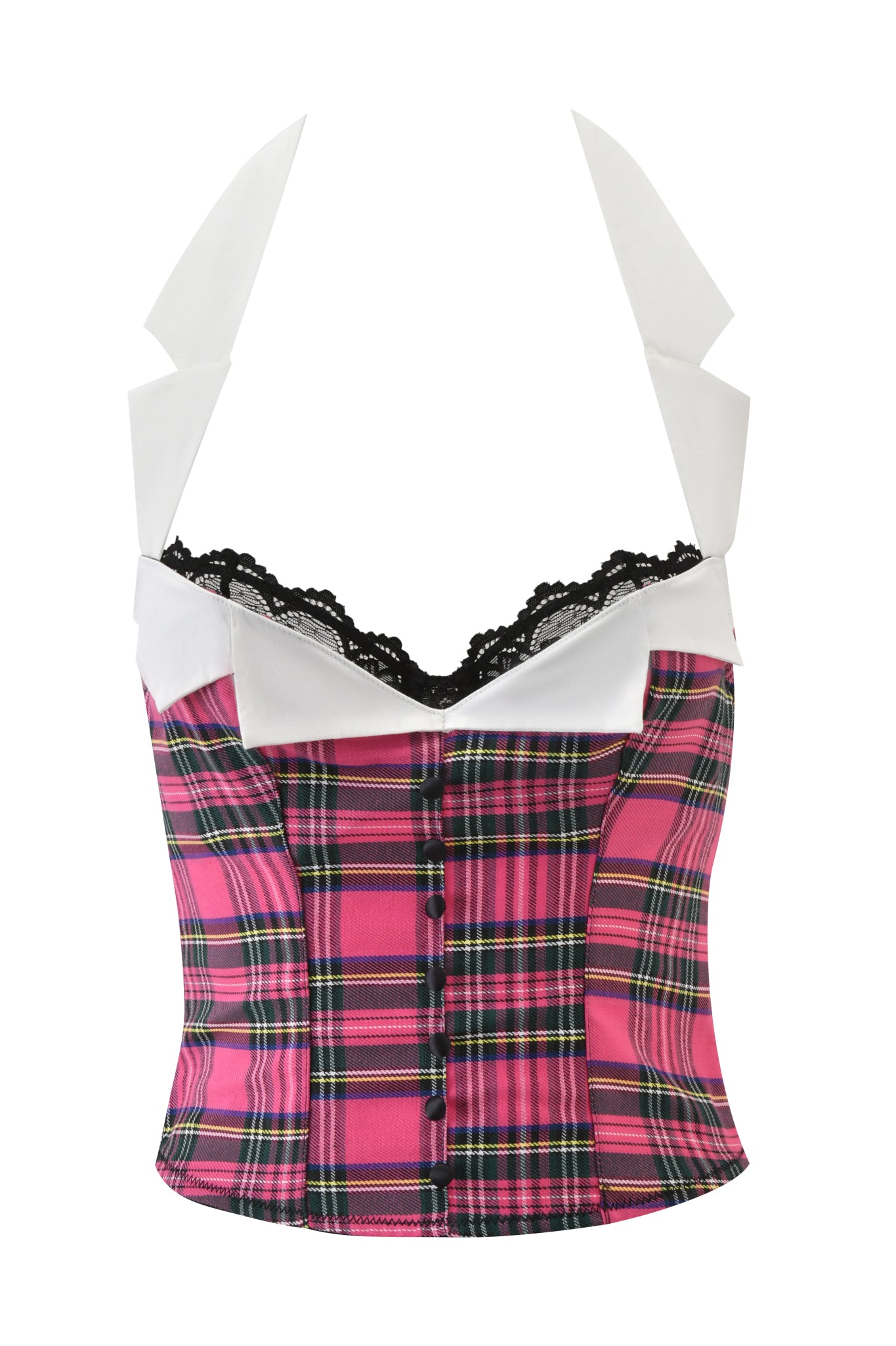 The KITTEN CORSET - PINK PLAID by I.AM.GIA features a pink plaid design, black lace trim, black front buttons, a white collared lapel, and a built-in underwire bra for extra support—blending classic style with modern comfort in a cropped bustier.
