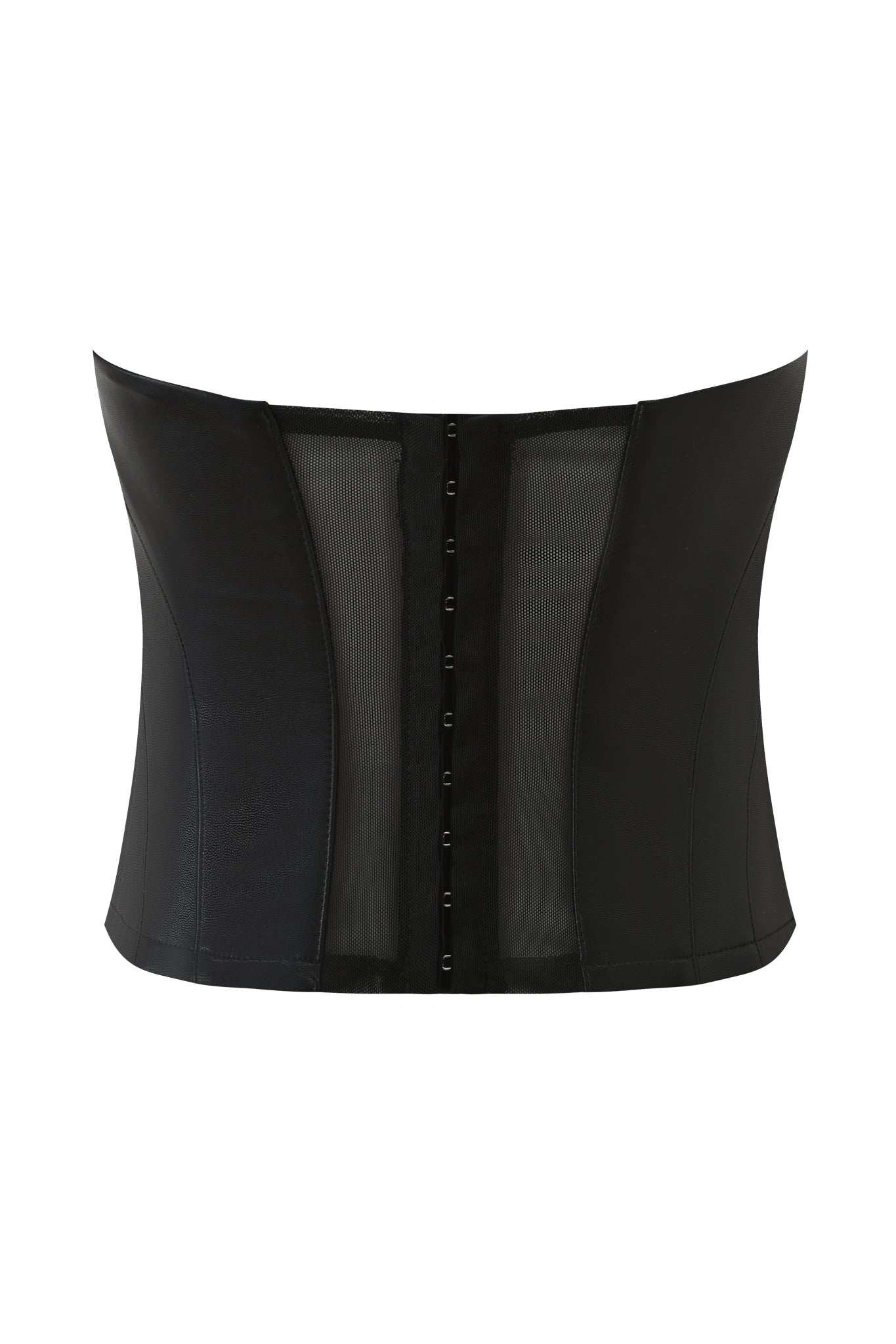 The I.AM.GIA TEMPEST BUSTIER TOP in black features a bodycon fit with vertical paneling, center front hook-and-eye closures, and a mix of solid and sheer fabric for structured support and modern style.