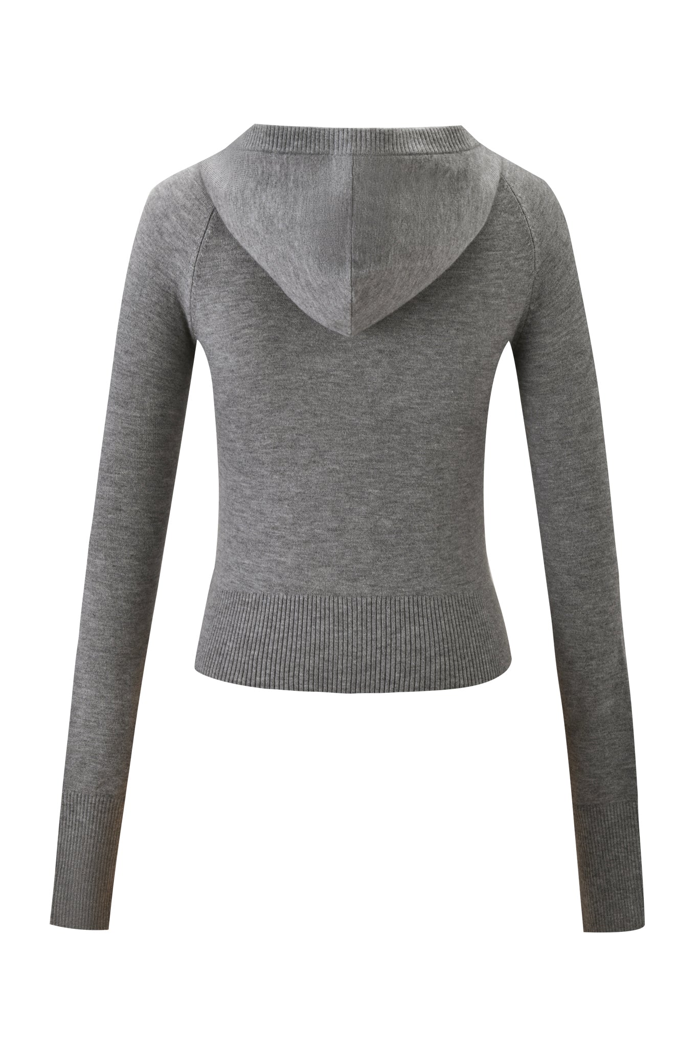 Back view of the I.AM.GIA JESSA HOODIE in grey, featuring long fitted sleeves, ribbed cuffs and hem, and a hood up. No visible logos or patterns.