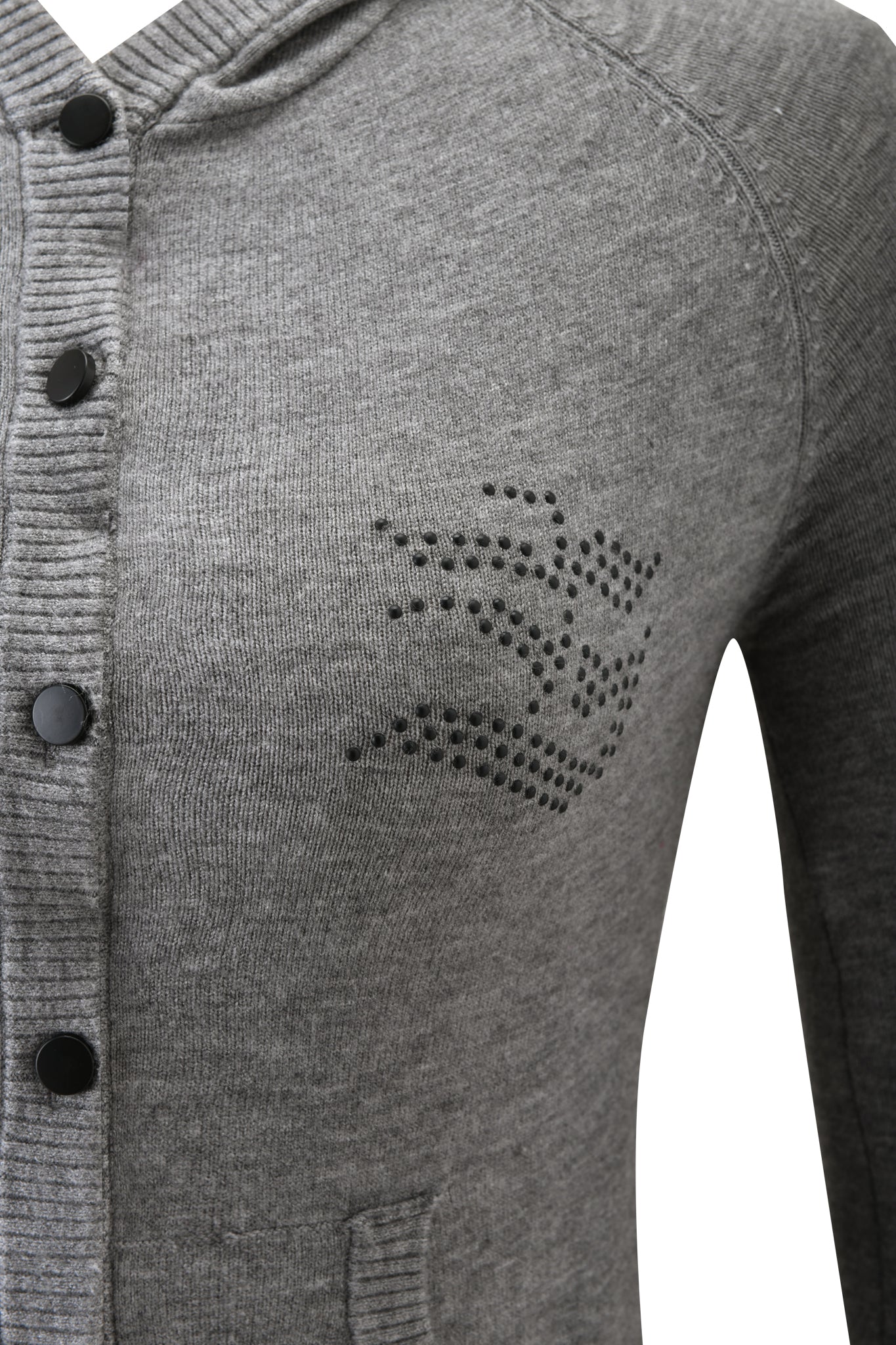 Close-up of the JESSA HOODIE - GREY by I.AM.GIA, featuring a ribbed knit texture, black buttons, chest pocket, and small black studs forming a design on the chest—combining cozy hoodie comfort with unique detail.