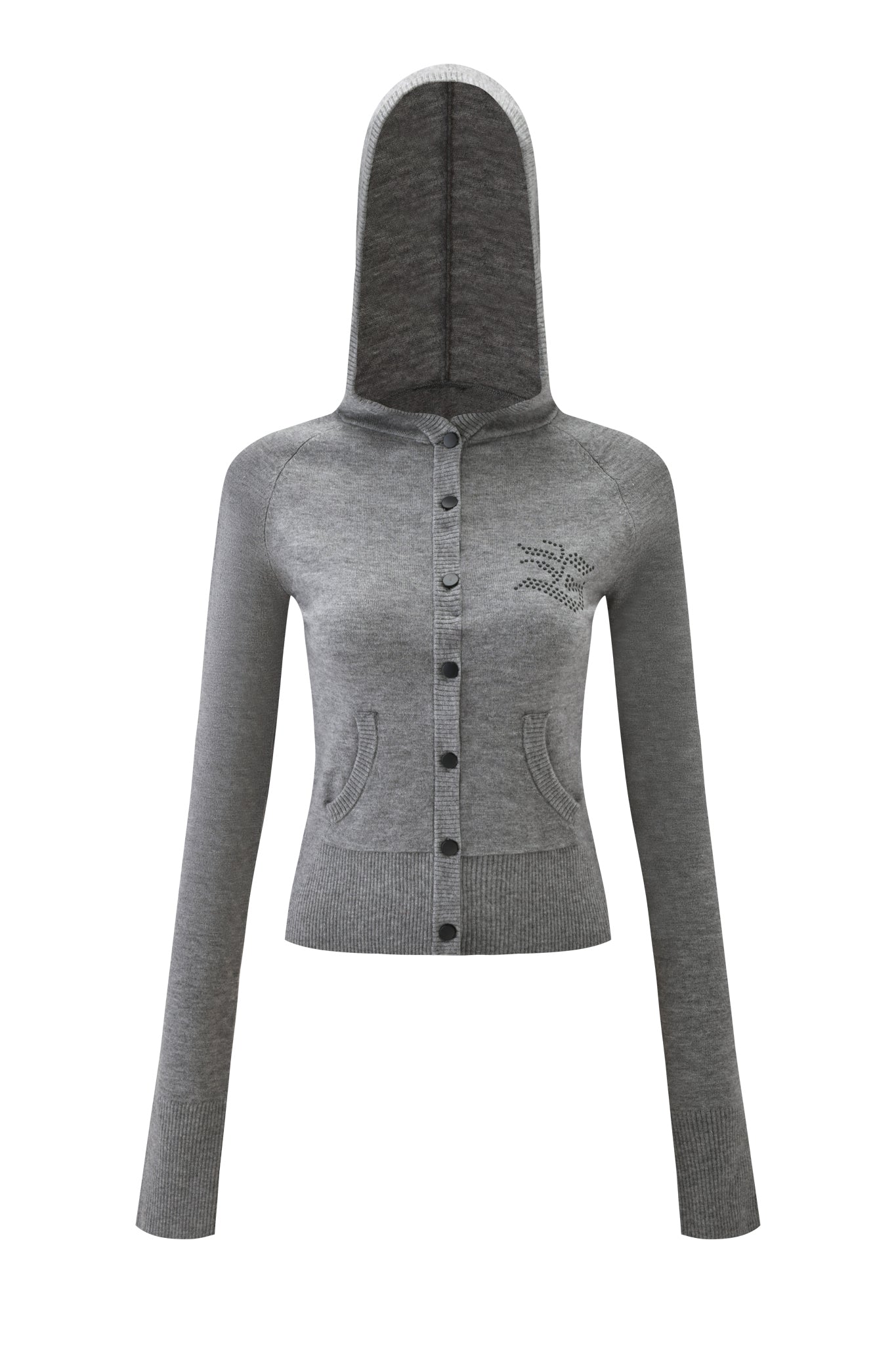 The JESSA HOODIE by I.AM.GIA is a charcoal grey knit hoodie with long sleeves, button-up front, front pockets, and a decorative pattern on the left chest. Displayed with the hood up against a white background.