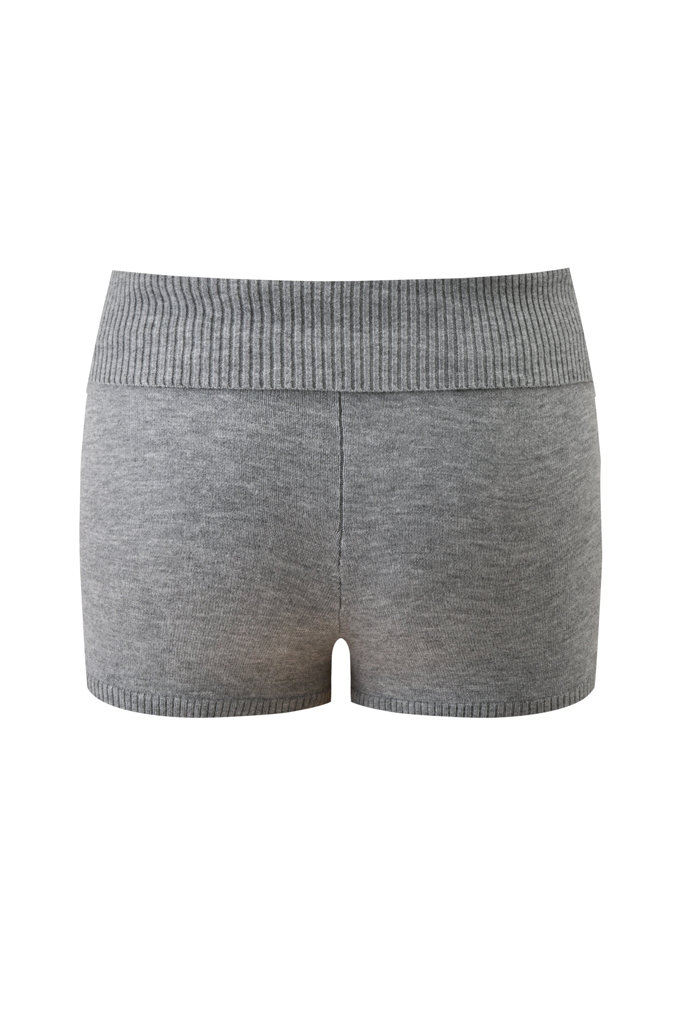 The JESSA SHORT - GREY by I.AM.GIA features charcoal grey micro shorts with a ribbed foldover waistband and ribbed leg trim, shown against a white background.