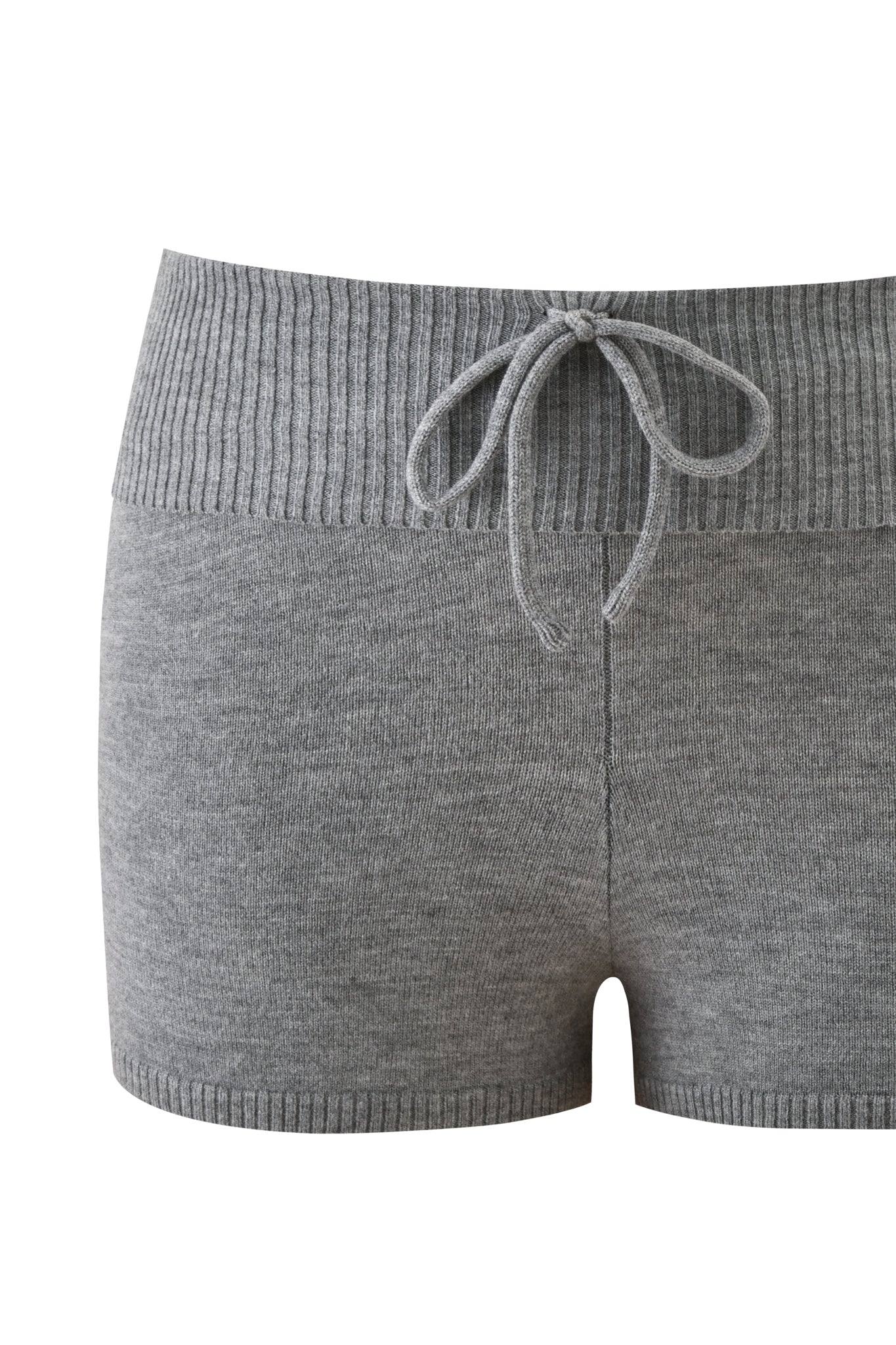 The JESSA SHORT - GREY by I.AM.GIA is a charcoal grey knit micro short featuring a ribbed foldover waistband and front drawstring, displayed from the front on a plain white background.
