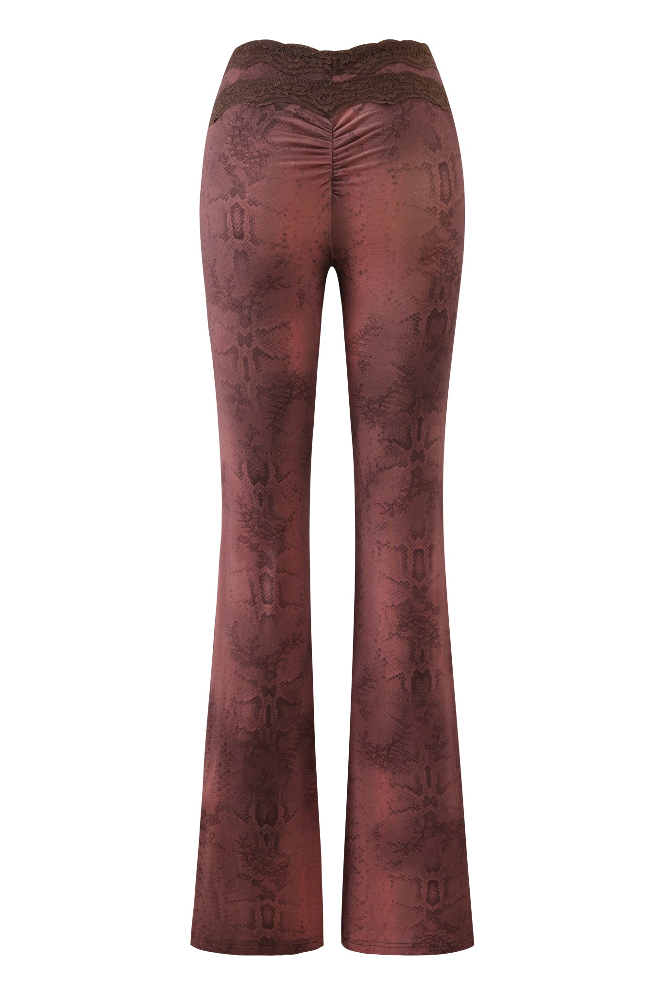 Back view of I.AM.GIA BEAU PANT - BROWN: high-waisted, flared lounge pant with brown snakeskin print, ruched seam, and lace trim at the waistband.
