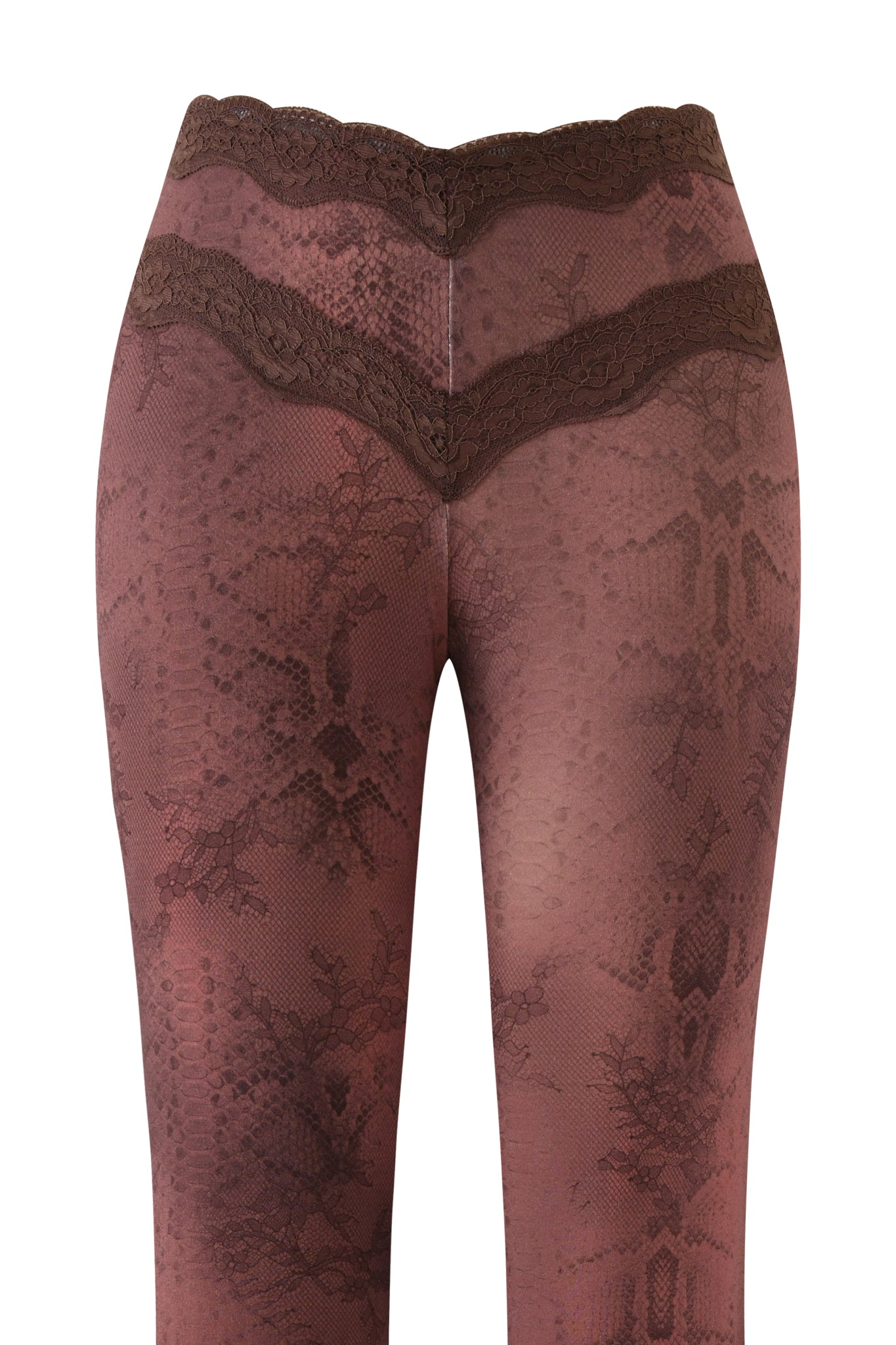 A close-up of the I.AM.GIA BEAU PANT - BROWN shows brown lace-patterned tights with a high waist, featuring floral and geometric designs and a scalloped lace-trimmed waistband.