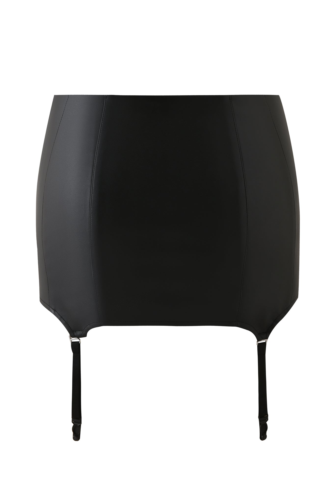 The SIBARI MINI SKIRT - BLACK by I.AM.GIA is a black faux leather low rise mini skirt with vertical panel stitching and two adjustable garter-style suspender straps at the front hem.