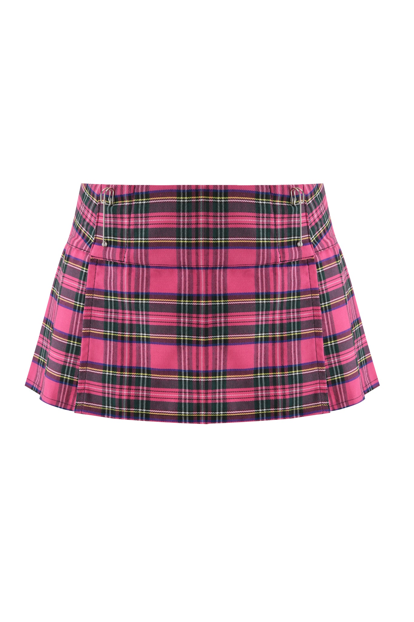 The KITTEN MINI SKIRT - PINK PLAID by I.AM.GIA features a low rise fit, crisp pleats, black, yellow, and white stripes over pink plaid, a fitted waistband, and silver side buckle details.