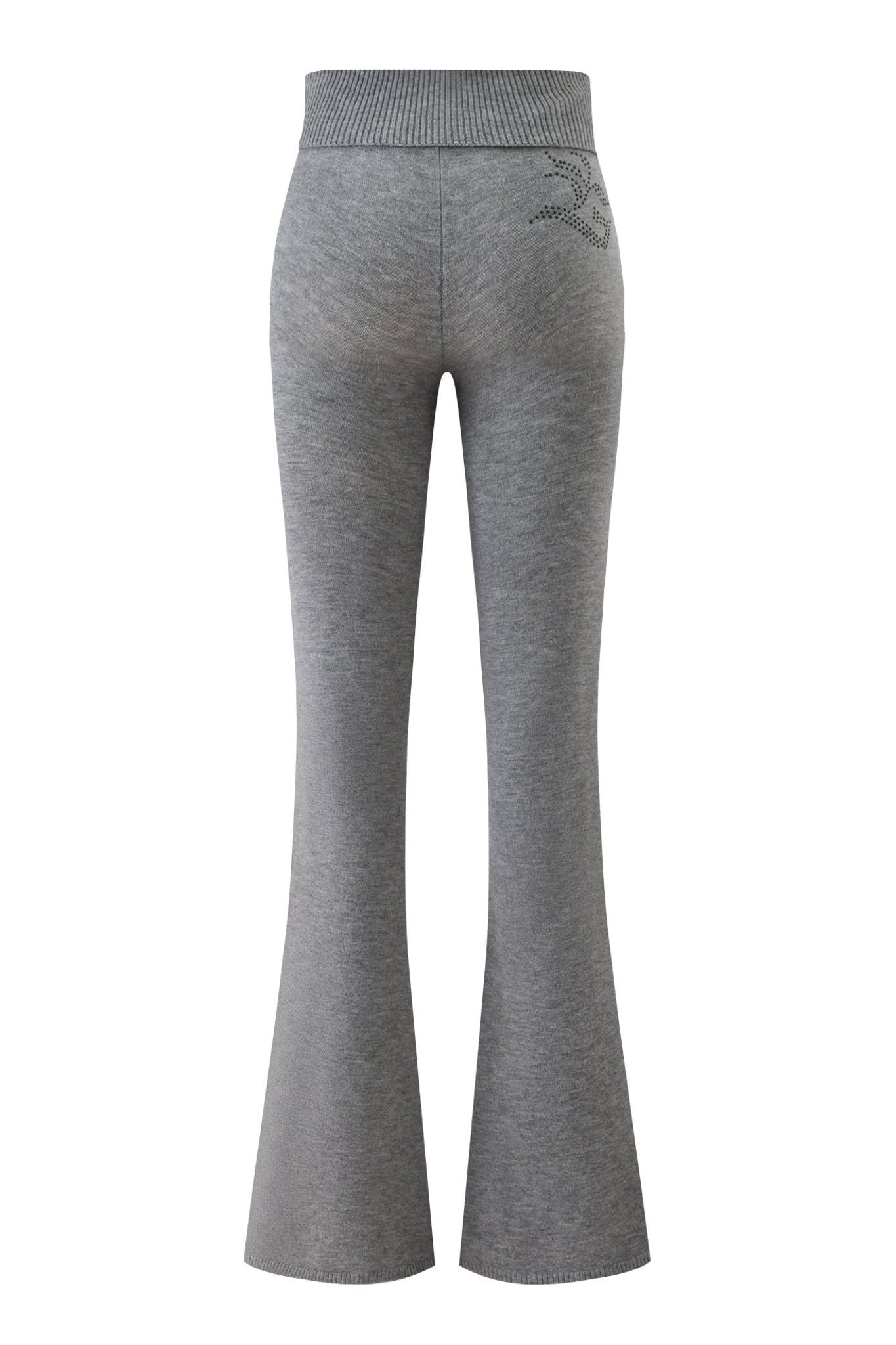 The JESSA PANT - GREY by I.AM.GIA is shown from the back, with a ribbed waistband, subtle decorative pattern near the right hip, and a classic knit flared pant design in charcoal grey.