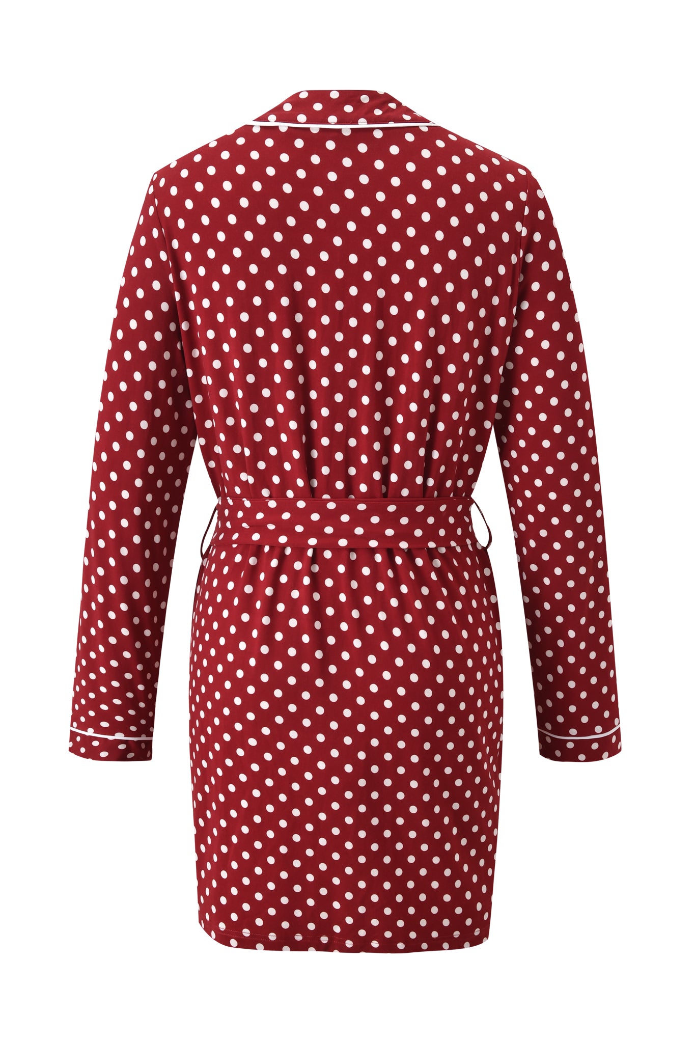 The MELANIE SLEEPWEAR - RED POLKA DOT by I.AM.GIA is a red long-sleeve robe with white polka dots, shown from the back, featuring a matching belt and white piping on the cuffs and collar—ideal for a cozy sleepwear set.