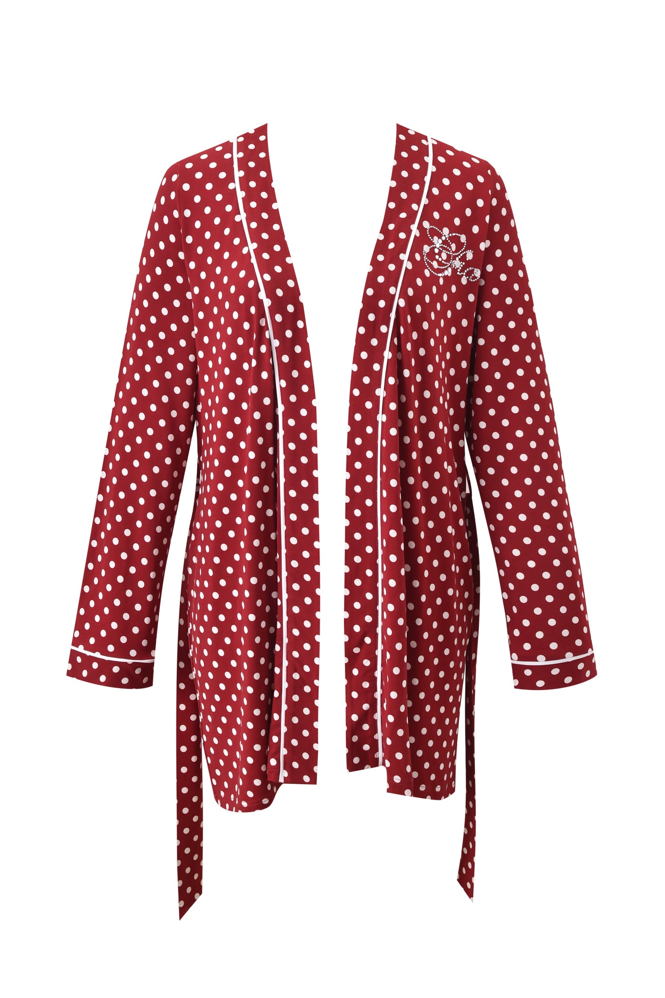 The I.AM.GIA MELANIE SLEEPWEAR - RED POLKA DOT is a long-sleeved, open-front robe with white trim, a matching sash, and floral embroidery—ideal for completing your sleepwear look.