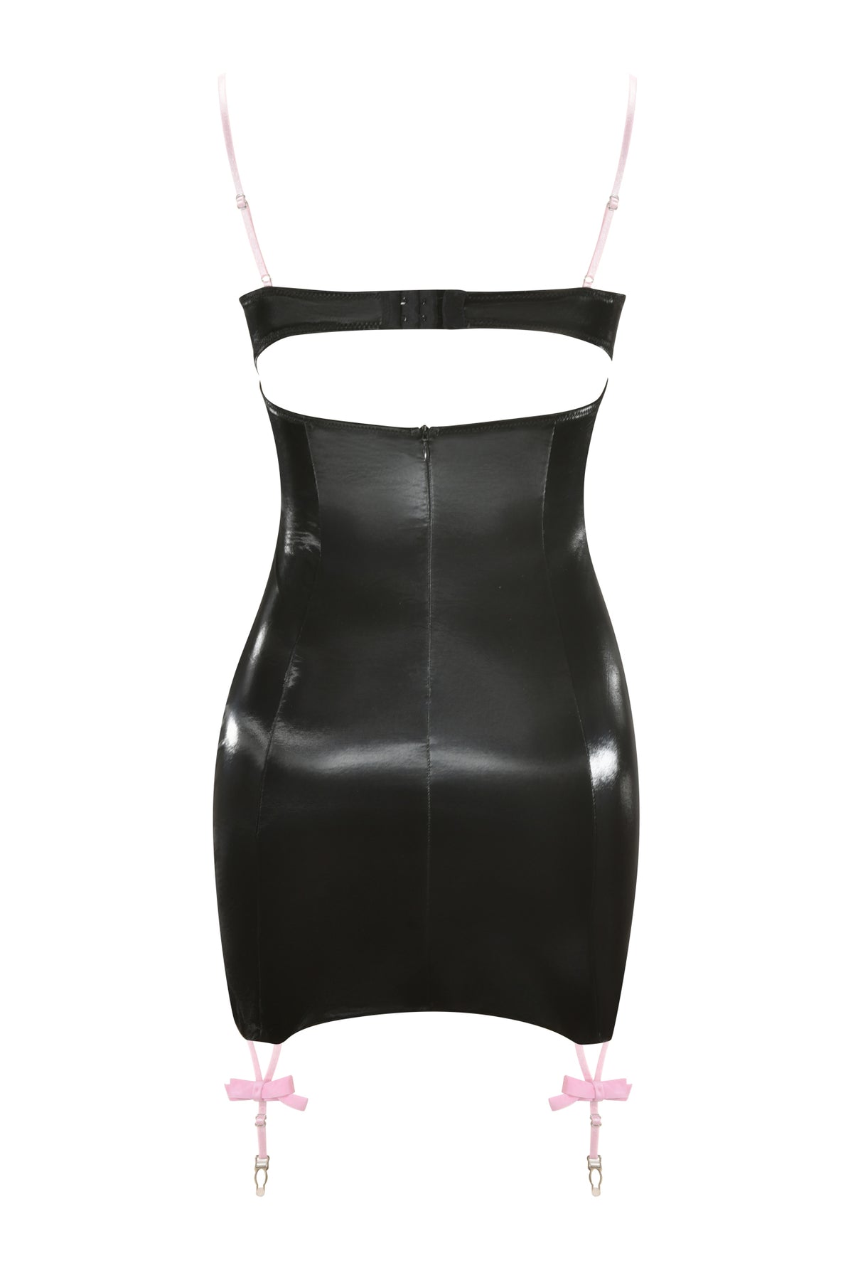 The BETTIE DRESS - BLACK by I.AM.GIA features a black faux latex bodycon silhouette with thin pink adjustable straps, an open back cutout, and playful pink bow garter straps hanging at the hem—perfect for adding a daring twist to your favorite nurse costume.