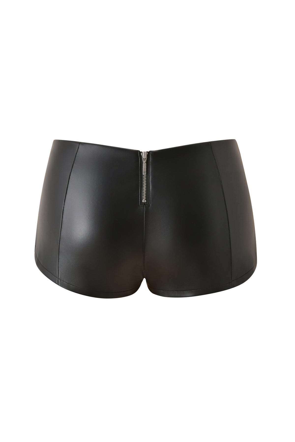 The AKASHA HARDWARE HOT SHORT - BLACK by I.AM.GIA is a pair of high-waisted black faux leather micro mini shorts, shown from the back with a visible silver center seam zipper. These shorts have a smooth finish and bodycon fit, offering a flattering and fitted silhouette.