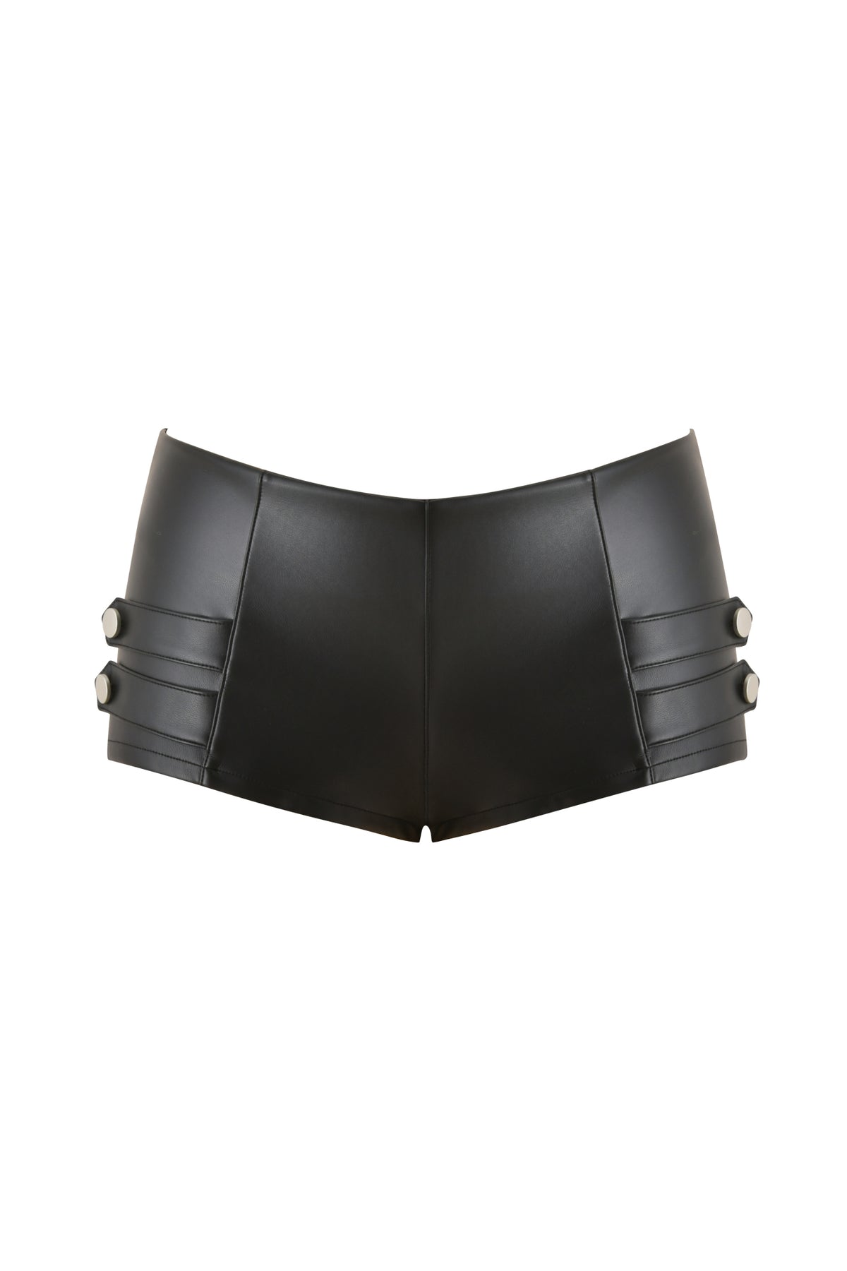 The AKASHA HARDWARE HOT SHORT - BLACK by I.AM.GIA are black faux leather, bodycon-fit shorts featuring side strap detailing and silver studs, displayed on a plain white background.
