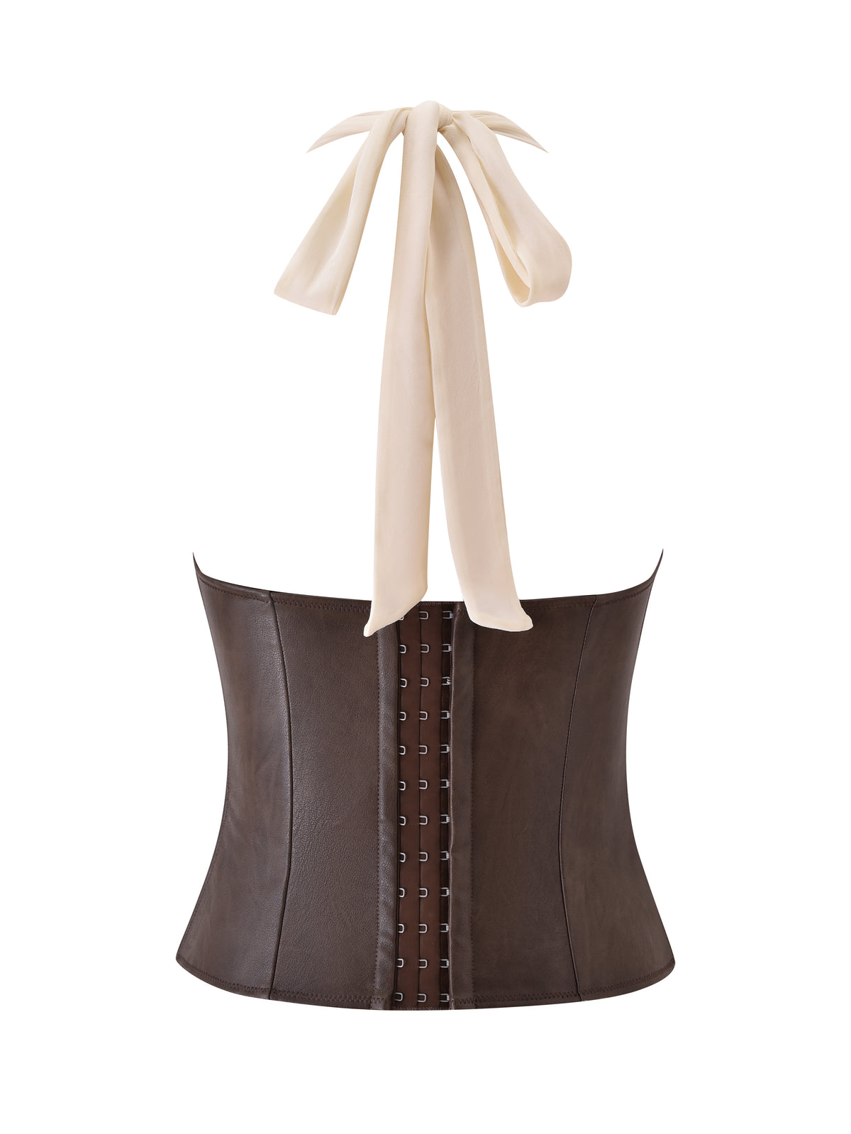 The OCEANA CORSET SET - BROWN by I.AM.GIA features front hook closures and a wide cream-colored ribbon halter tie, shown against a white background—a versatile vintage-washed bustier that’s perfect for styling as part of a sexy pirate costume with a flouncy mini skirt.