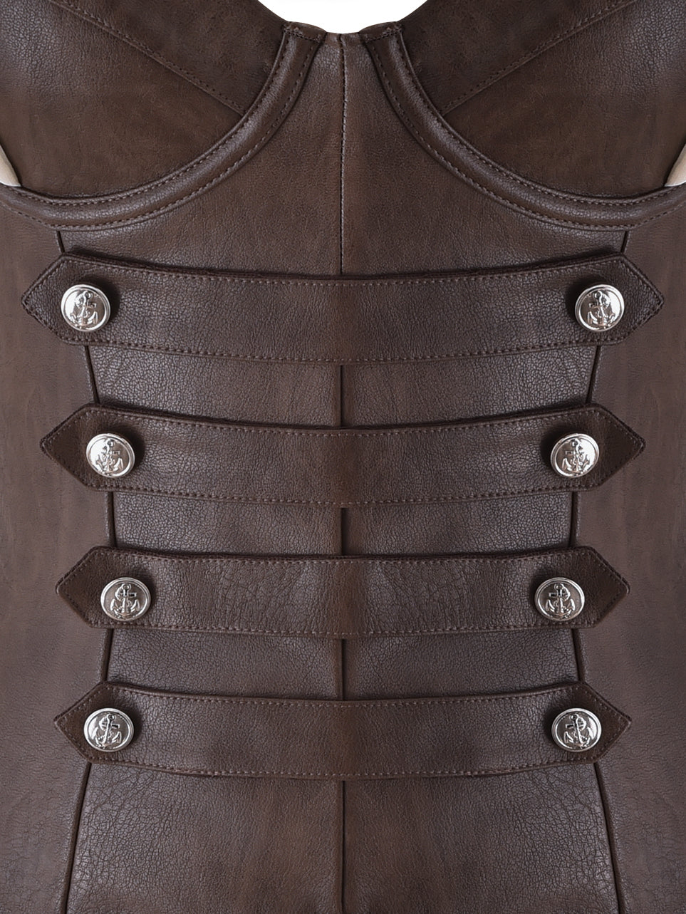 Close-up of the OCEANA CORSET SET in brown by I.AM.GIA, featuring decorative horizontal straps and six silver embossed buttons arranged in two vertical rows, recalling the allure of a sexy pirate costume combined with a vintage-washed bustier.