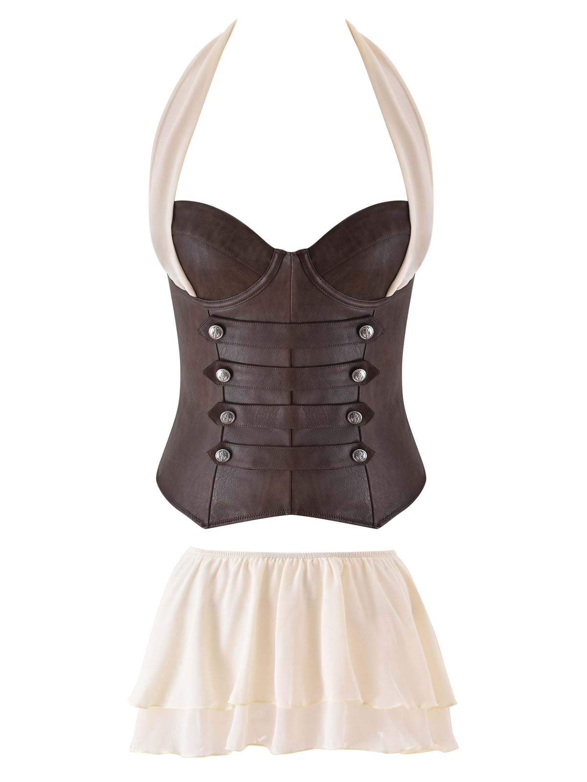 The OCEANA CORSET SET in brown by I.AM.GIA features a buttoned, vintage-washed bustier with halter straps, paired with a flouncy cream layered mini skirt and displayed on a white background.