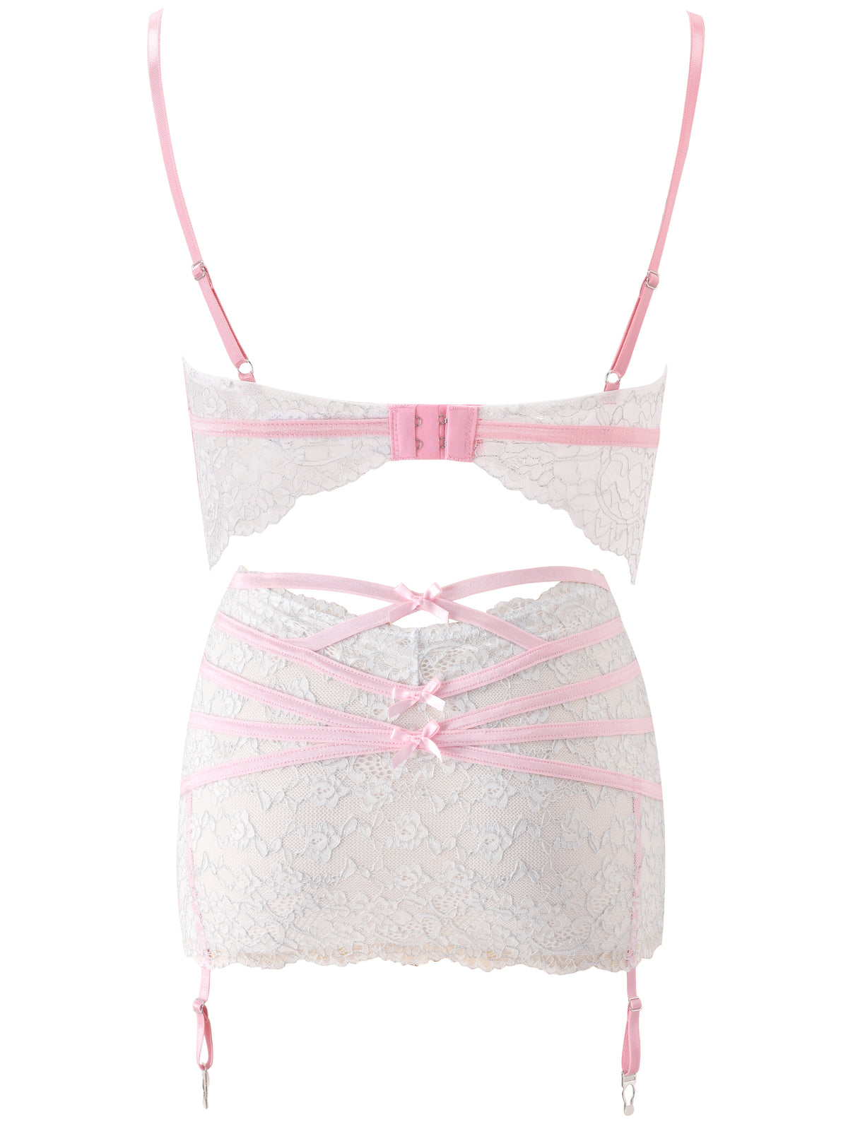 The BUNNY LINGERIE SET - WHITE PINK by I.AM.GIA features a white lace design with pink straps and bows, shown from the back. Inspired by vintage lingerie, the set includes a bra with adjustable straps and a hook closure, while the garter belt is adorned with crisscrossed ribbons and delicate lace detailing.