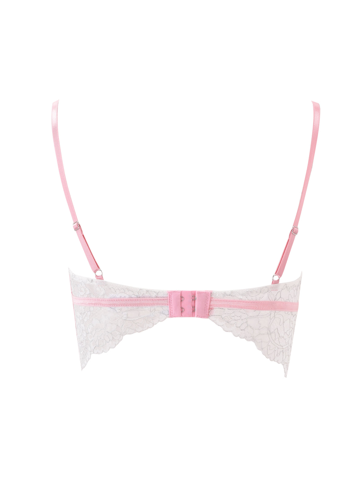 Back view of the I.AM.GIA BUNNY LINGERIE SET - WHITE PINK, featuring white lace with pink adjustable straps and a matching pink hook-and-eye closure, displayed on a plain white background.