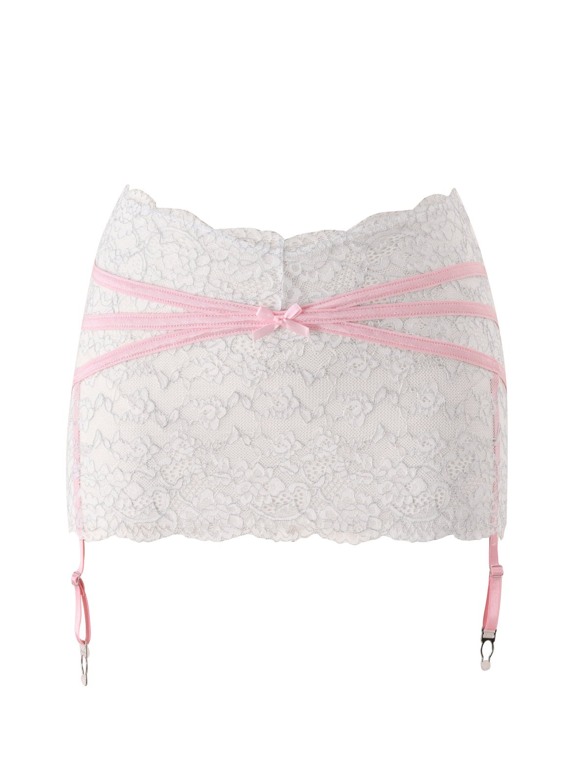 A white lace garter belt from I.AM.GIA’s BUNNY LINGERIE SET in White Pink, featuring delicate pink ribbon accents and two adjustable straps with metal clips, perfect for pairing with a vintage-inspired lingerie look or an ultra mini lace skirt.