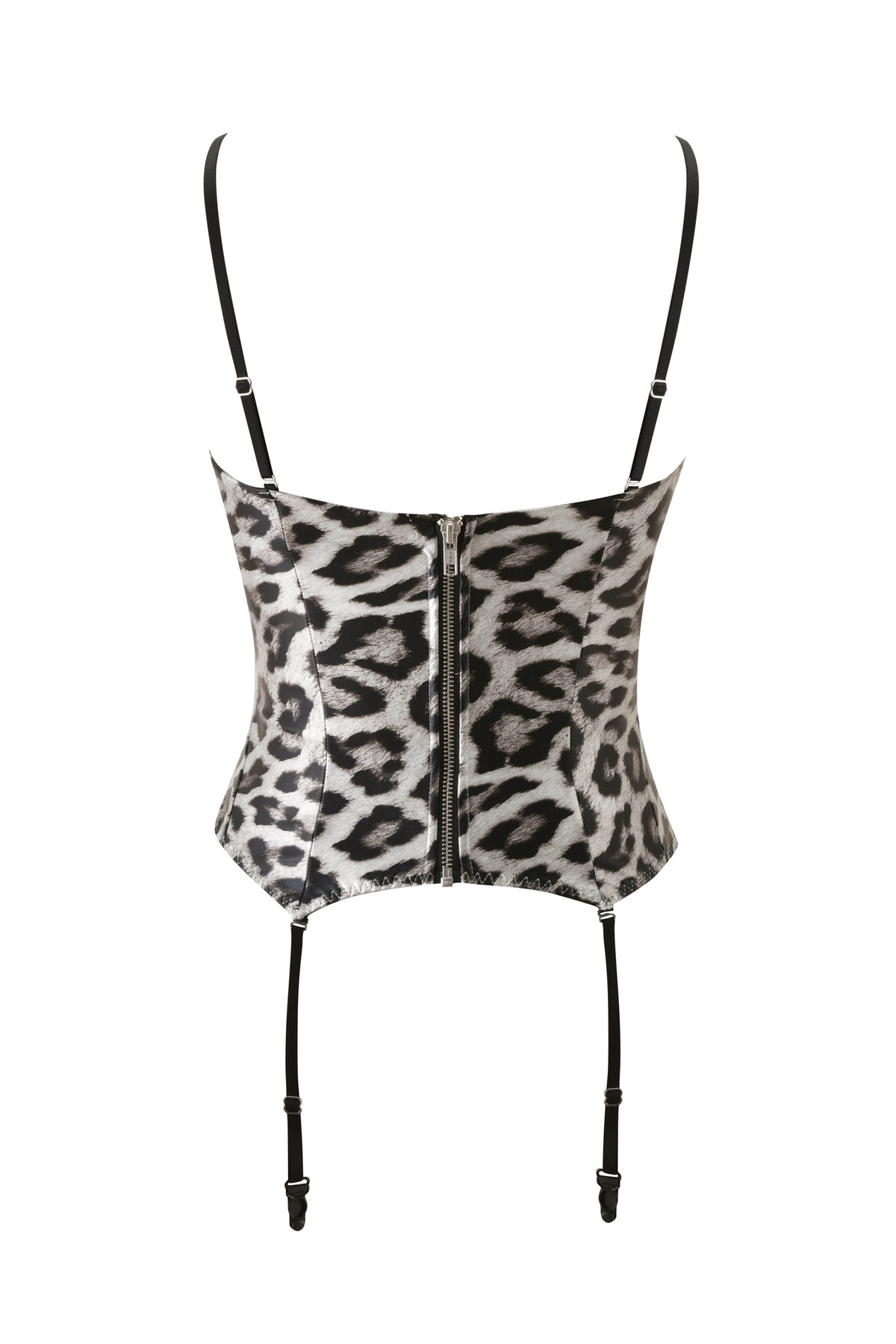 A back view of the I.AM.GIA SABRE CORSET in Snow Leopard, featuring a metallic animal print design with black adjustable straps, a central zipper, and garter attachments, isolated on a white background.