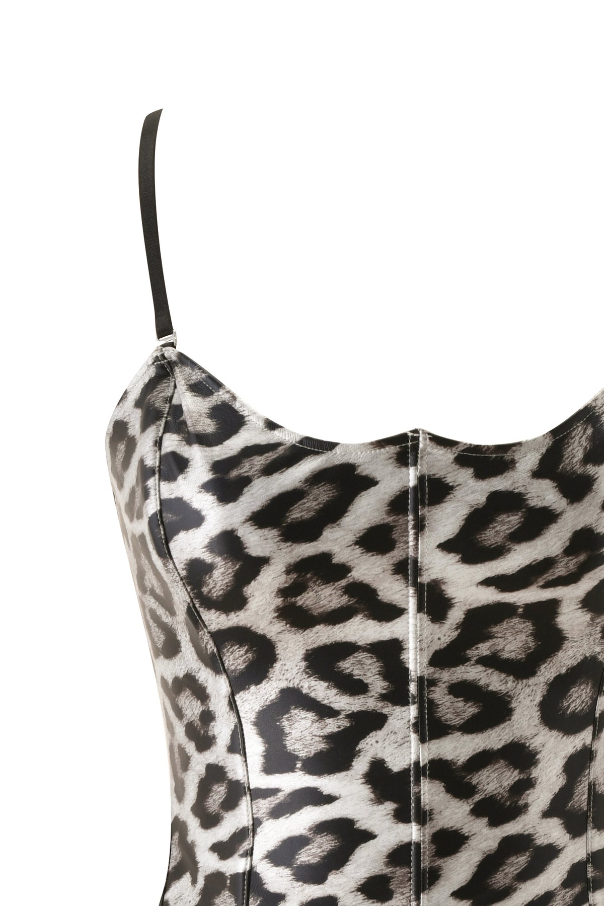 A close-up of the SABRE CORSET - SNOW LEOPARD by I.AM.GIA highlights its metallic snow leopard print and thin black straps, emphasizing the bold animal pattern and precise stitching. The sweetheart neckline enhances the bodycon silhouette, merging striking style with elegant design elements.