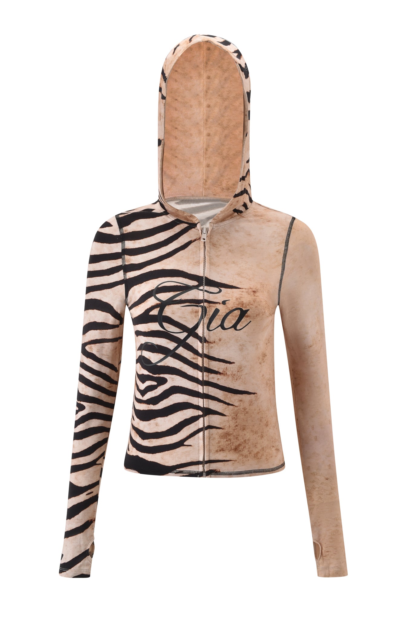 The BLARE HOODIE - WILD SIDE by I.AM.GIA is a cropped zip-up hoodie with a tan and black print, "Gia" in cursive on the front, and mismatched sleeves—one long, one short—for a unique style.