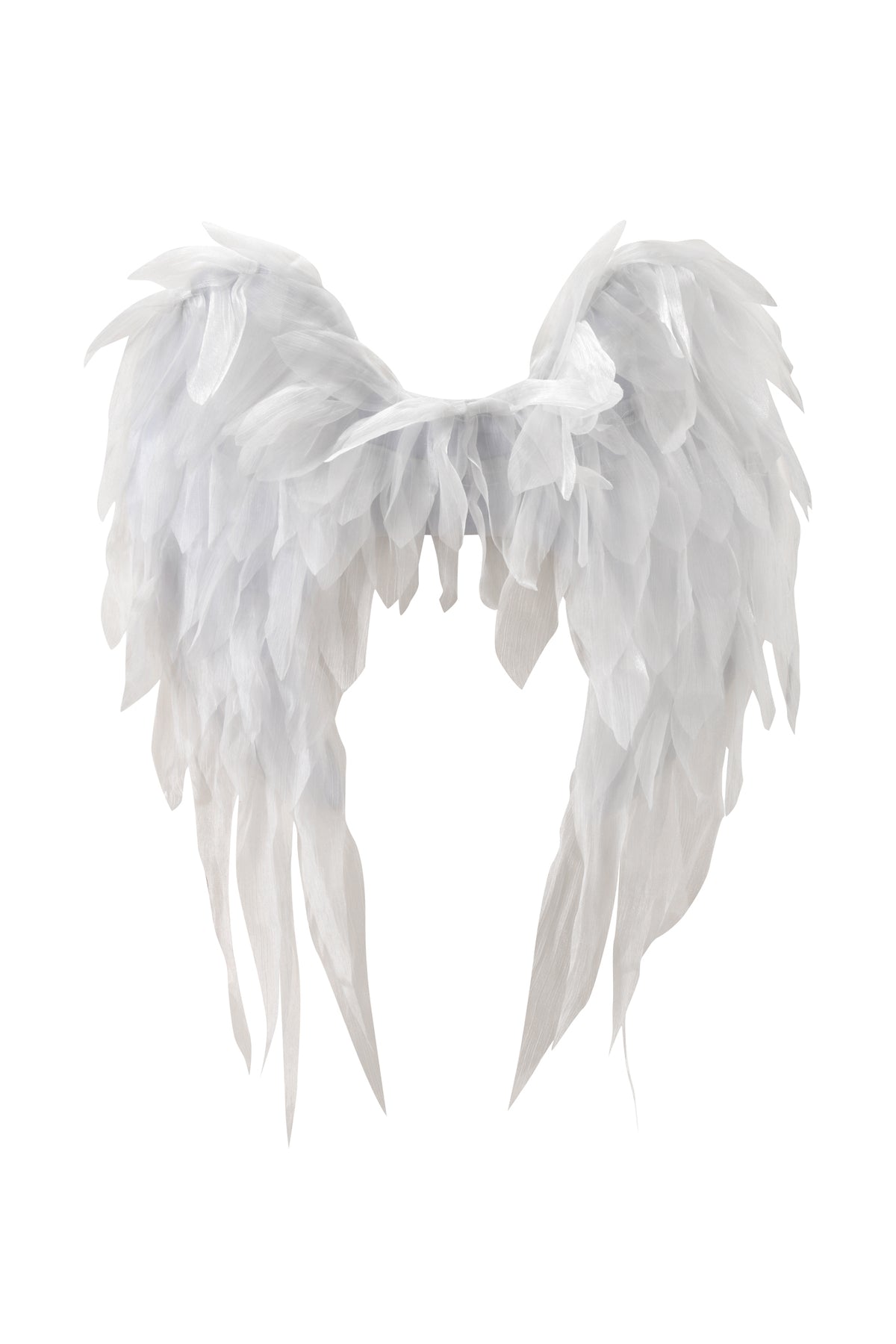 The ANGEL WINGS - WHITE by I.AM.GIA showcase layered, translucent feathers in a feathery, elegant design against a plain white background—making them the perfect costume accessory for any heavenly look.