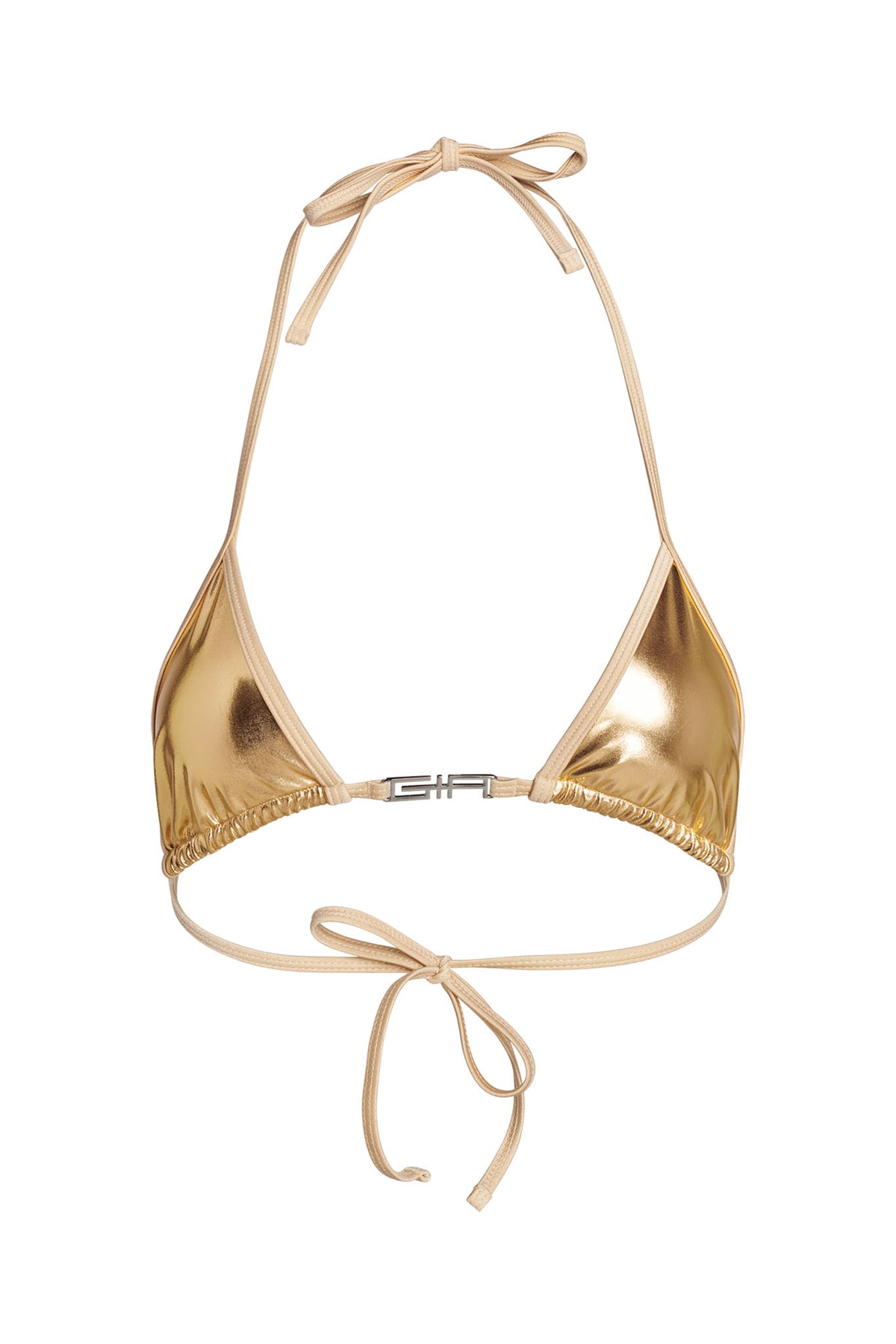 The ALOHI BIKINI TOP - GOLD by I.AM.GIA is a shiny gold bikini top featuring a halter neck tie and a back tie. The triangular cups are connected by a small metal clasp, adding a touch of detail.