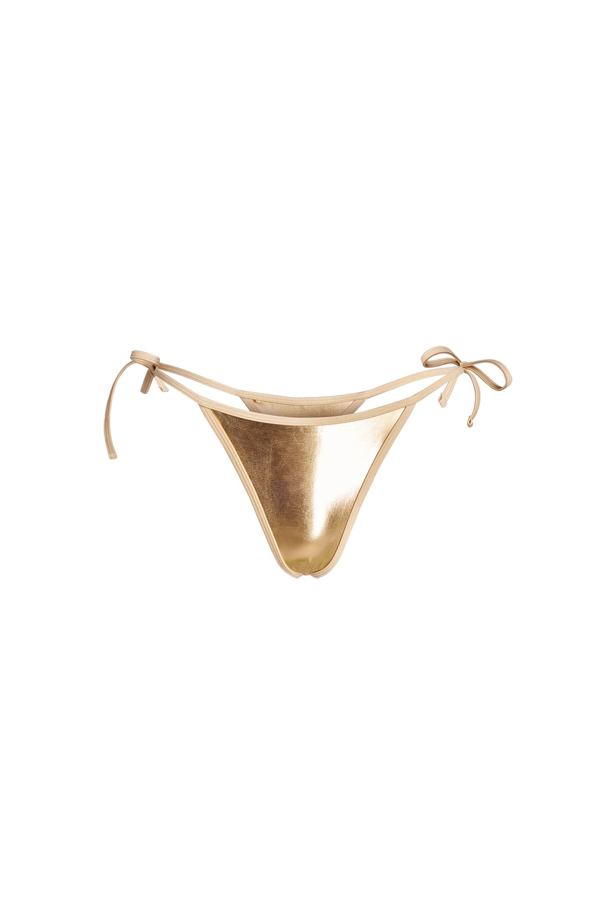 The ALOHI BIKINI BOTTOM - GOLD from I.AM.GIA features adjustable side strings, a shiny metallic fabric, and a classic V-shaped cut.