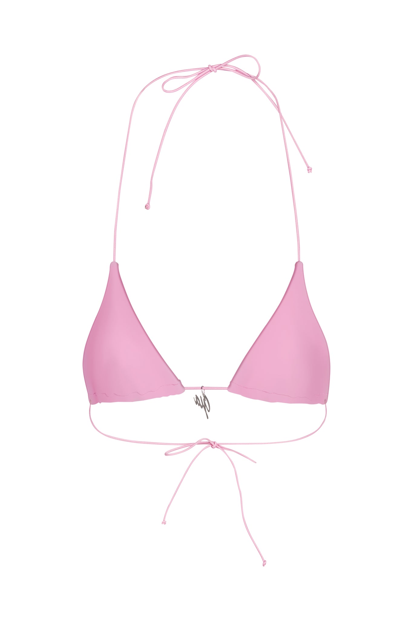 The BAMBI BIKINI TOP - PINK : BUBBLEGUM by I.AM.GIA features triangular cups and thin adjustable straps. The strings tie at the neck and back, with a small metal accent in the center of the lower band. Displayed on a plain white background, this piece is both stylish and functional.