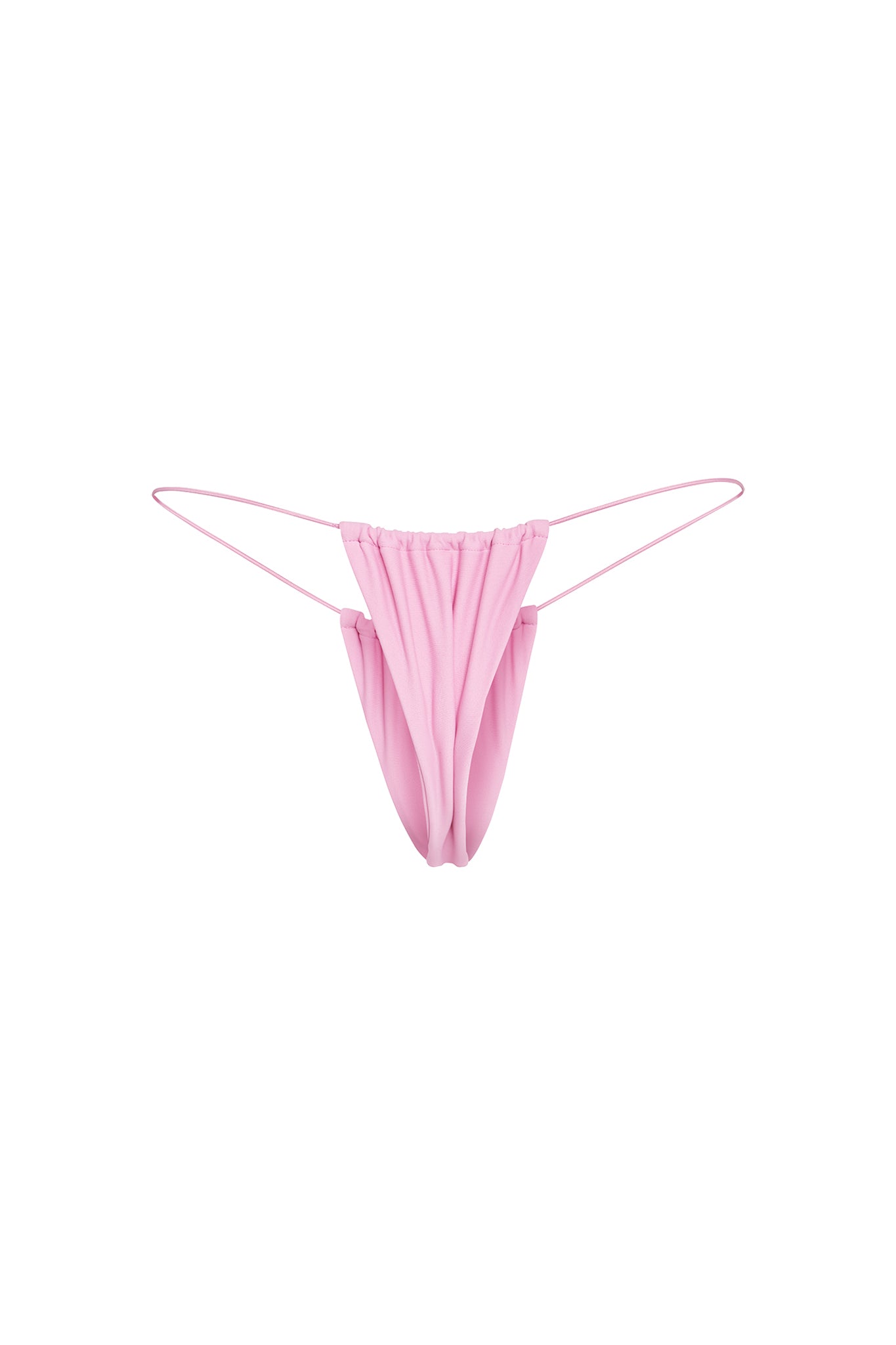 The BAMBI BIKINI BOTTOM - PINK : BUBBLEGUM by I.AM.GIA features a ruched front panel and thin elastic straps on the sides. The fabric appears soft and stretchy, designed for comfort and minimal coverage. The overall style is simple and boldly minimalistic.