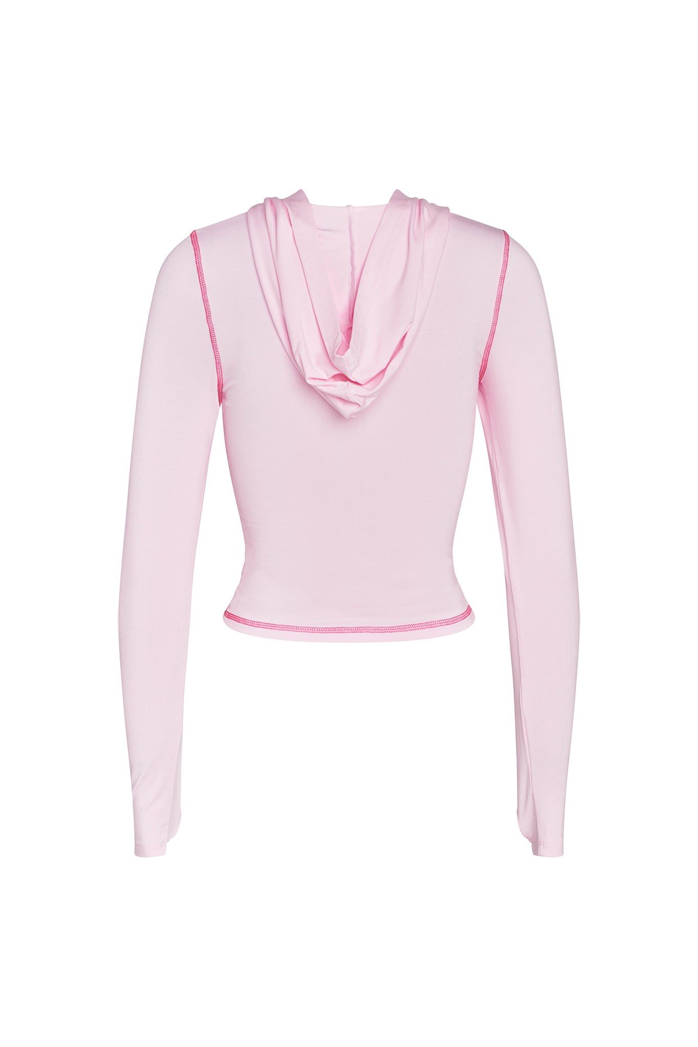 A back view of the BLARE HOODIE - PINK from I.AM.GIA. This pastel pink, long-sleeve cropped hoodie showcases a bodycon silhouette with slightly ruffled seams at the shoulders and hem. Made from stretchy bamboo fabric, it appears lightweight and comfortable. The hood rests against the back, all set against a plain white background.