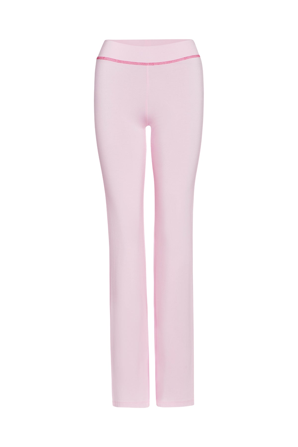 The BLARE TRACKPANT - PINK in pastel pink from I.AM.GIA features a minimalistic design with a fitted waist and straight legs. Made from stretchy bamboo fabric, these pants offer a soft and comfortable feel, perfect for casual wear.