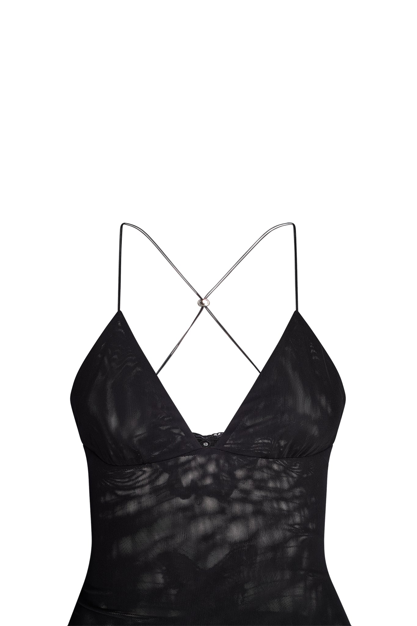 A black sheer spaghetti strap top from I.AM.GIA's ELLERY DRESS collection, featuring a deep V-neckline and crisscrossed thin straps at the back that create an exposed open-back effect, set against a white background.