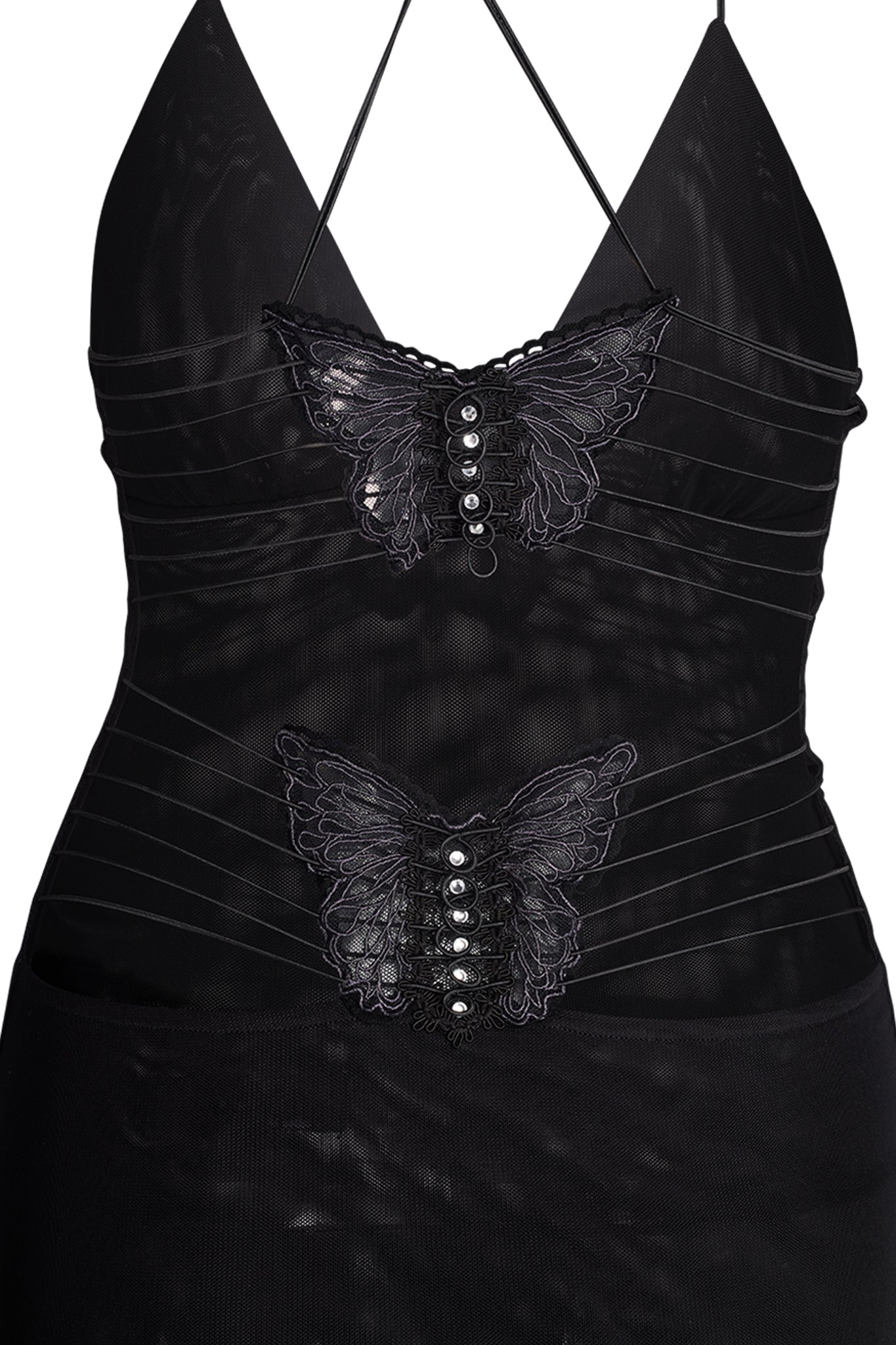 The ELLERY DRESS - BLACK by I.AM.GIA is a black halter neck dress with thin shoulder straps, featuring two butterfly embellishments on the front. One butterfly is located on the chest, adorned with small shiny beads, while the other is situated on the waist and connected by multiple horizontal lines creating a web-like design, complete with an exposed open back.