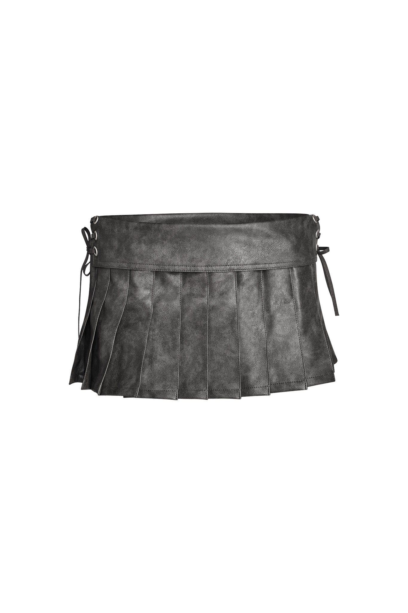 The I.AM.GIA KARI SKORT in charcoal grey features pleats, a low-rise waist, and side lace-up detailing. The skort is highlighted with a wide waistband and is showcased against a plain white background.