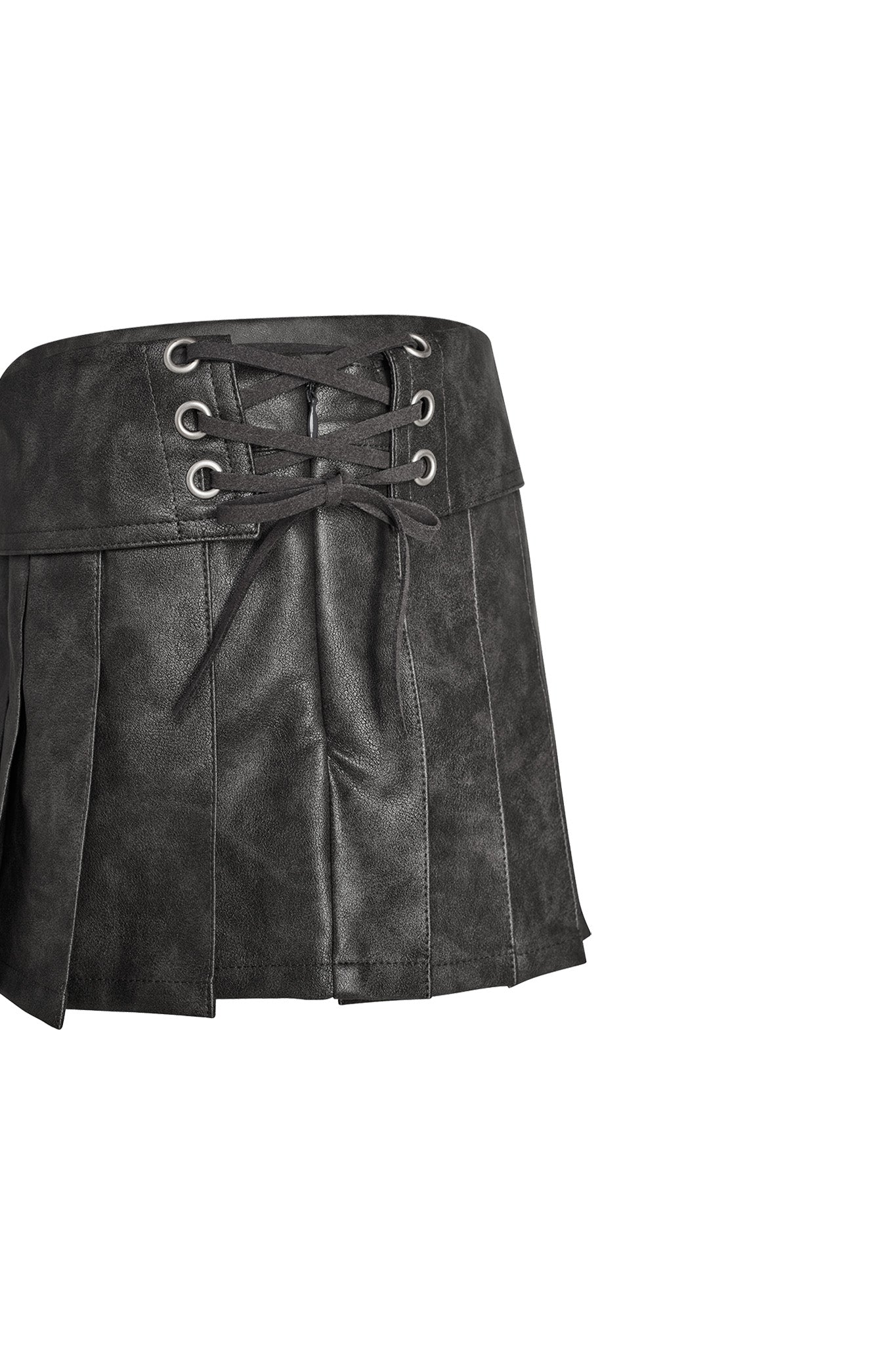 A grey faux leather pleated mini skirt named "KARI SKORT - GREY : CHARCOAL" by I.AM.GIA, featuring a high-waisted design and lace-up detailing with metal grommets. The skirt has a shiny, smooth texture and an above-the-knee length. The background is plain white.