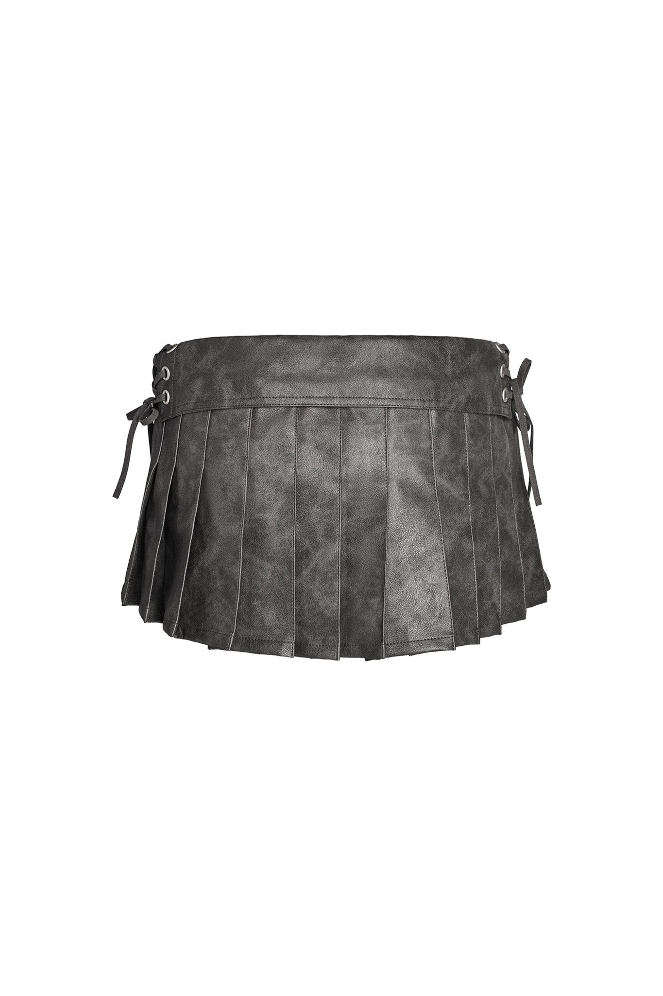 The KARI SKORT - GREY : CHARCOAL by I.AM.GIA is a charcoal pleated mini skort with side ties and metal grommet detailing at the waistband. Featuring a rugged, textured finish, this low-rise waist skort extends to mid-thigh length.